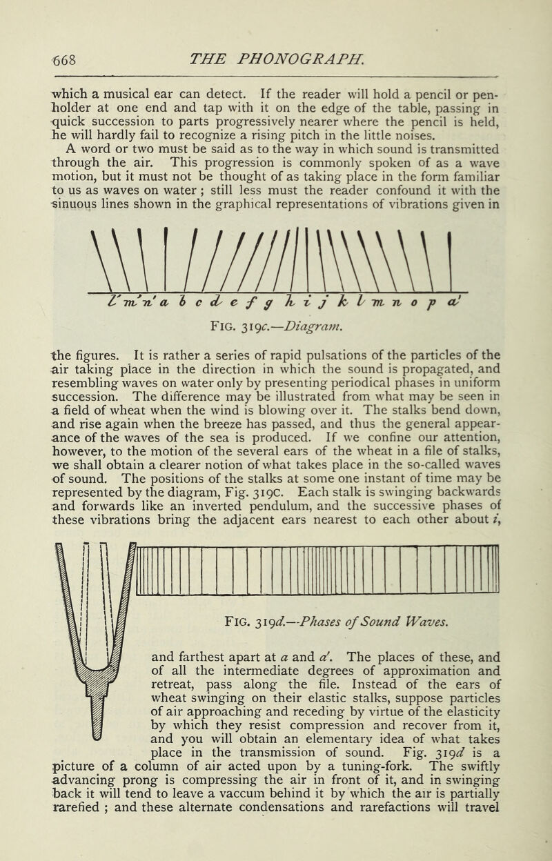 which a musical ear can detect. If the reader will hold a pencil or pen- holder at one end and tap with it on the edge of the table, passing in quick succession to parts progressively nearer where the pencil is held, he will hardly fail to recognize a rising pitch in the little noises. A word or two must be said as to the way in which sound is transmitted through the air. This progression is commonly spoken of as a wave motion, but it must not be thought of as taking place in the form familiar to us as waves on water ; still less must the reader confound it with the sinuous lines shown in the graphical representations of vibrations given in Fig. 31 9g —Diagram. the figures. It is rather a series of rapid pulsations of the particles of the air taking place in the direction in which the sound is propagated, and resembling waves on water only by presenting periodical phases in uniform succession. The difference may be illustrated from what may be seen in a field of wheat when the wind is blowing over it. The stalks bend down, and rise again when the breeze has passed, and thus the general appear- ance of the waves of the sea is produced. If we confine our attention, however, to the motion of the several ears of the wheat in a file of stalks, we shall obtain a clearer notion of what takes place in the so-called waves of sound. The positions of the stalks at some one instant of time may be represented by the diagram. Fig. 319c. Each stalk is swinging backwards and forwards like an inverted pendulum, and the successive phases of these vibrations bring the adjacent ears nearest to each other about /, Fig. 319^/.—Phases of Sound Waves. and farthest apart at a and a\ The places of these, and of all the intermediate degrees of approximation and retreat, pass along the file. Instead of the ears of wheat swinging on their elastic stalks, suppose particles of air approaching and receding by virtue of the elasticity by which they resist compression and recover from it, and you will obtain an elementary idea of what takes place in the transmission of sound. Fig. 319^ is a picture of a column of air acted upon by a tuning-fork. The swiftly advancing prong is compressing the air in front of it, and in swinging back it will tend to leave a vaccum behind it by which the air is partially rarefied ; and these alternate condensations and rarefactions will travel