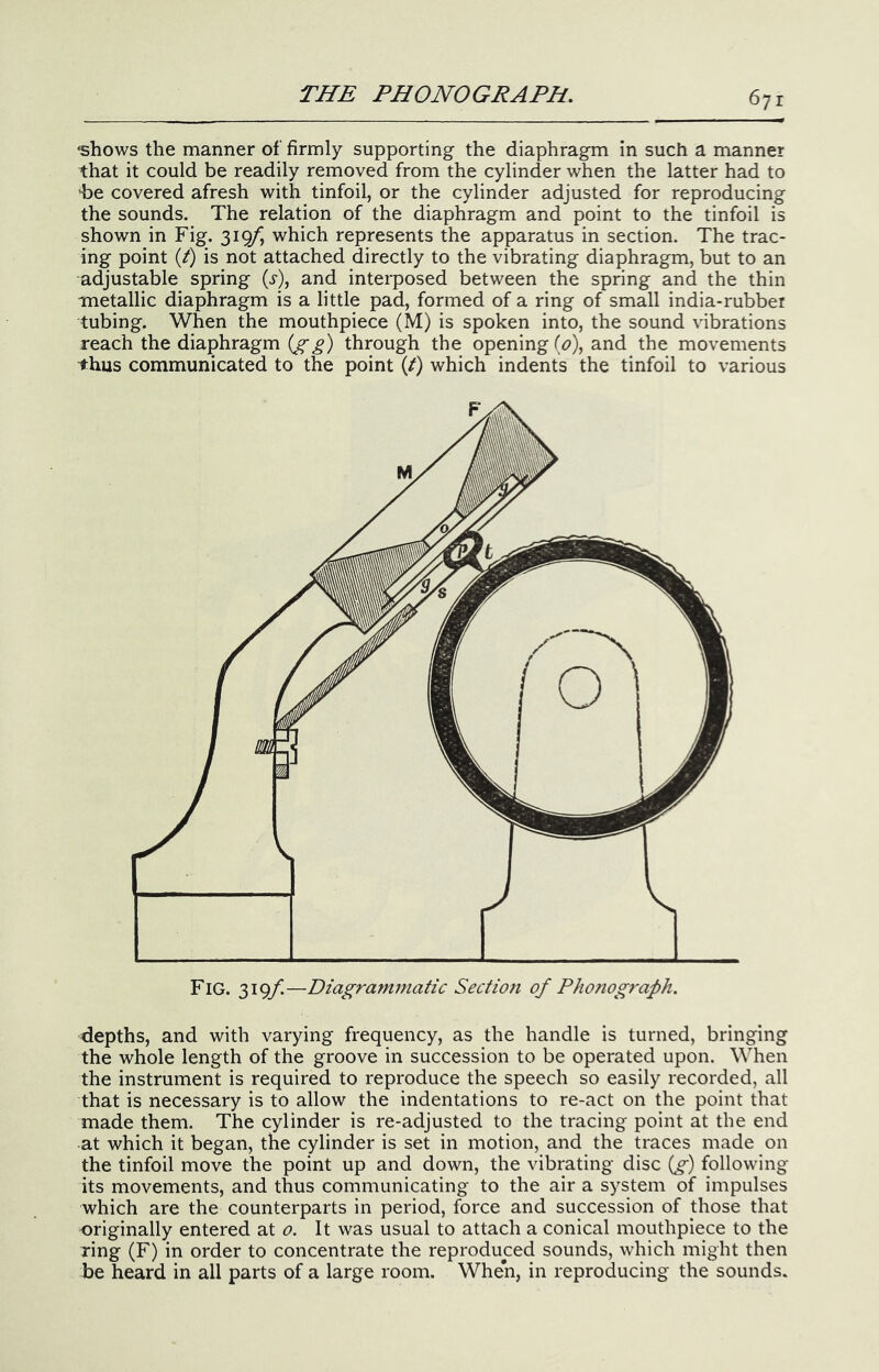•shows the manner of firmly supporting the diaphragm in such a manner that it could be readily removed from the cylinder when the latter had to 'be covered afresh with tinfoil, or the cylinder adjusted for reproducing the sounds. The relation of the diaphragm and point to the tinfoil is shown in Fig. 319/*, which represents the apparatus in section. The trac- ing point (/) is not attached directly to the vibrating diaphragm, but to an adjustable spring {s), and interposed between the spring and the thin metallic diaphragm is a little pad, formed of a ring of small india-rubbei tubing. When the mouthpiece (M) is spoken into, the sound vibrations reach the diaphragm {g'g) through the opening (<?), and the movements thus communicated to the point (/) which indents the tinfoil to various Fig. 319/.—Diagraminatic Section of Phonograph. depths, and with varying frequency, as the handle is turned, bringing the whole length of the groove in succession to be operated upon. When the instrument is required to reproduce the speech so easily recorded, all that is necessary is to allow the indentations to re-act on the point that made them. The cylinder is re-adjusted to the tracing point at the end at which it began, the cylinder is set in motion, and the traces made on the tinfoil move the point up and down, the vibrating disc {g) following its movements, and thus communicating to the air a system of impulses which are the counterparts in period, force and succession of those that originally entered at o. It was usual to attach a conical mouthpiece to the Ting (F) in order to concentrate the reproduced sounds, which might then be heard in all parts of a large room. When, in reproducing the sounds.