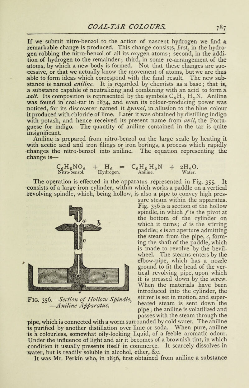 If we submit nitro-benzol to the action of nascent hydrogen we find a. remarkable change is produced. This change consists, first, in the hydro- gen robbing the nitro-benzol of all its oxygen atoms; second, in the addi- tion of hydrogen to the remainder; third, in some re-arrangement of the atoms, by which a new body is formed. Not that these changes are suc- cessive, or that we actually know the movement of atoms, but we are thus .able to form ideas which correspond with the final result. The new sub- stance is named aniline. It is regarded by chemists as a base; that is, a substance capable of neutralizing and combining with an acid to form a salt. Its composition is represented by the symbols CgHg HgN. Aniline was found in coal-tar in 1834, and even its colour-producing power was noticed, for its discoverer named it kyanol., in allusion to the blue colour it produced with chloride of lime. Later it was obtained by distilling indigo with potash, and hence received its present name from anil., the Portu- guese for indigo. The quantity of aniline contained in the tar is quite insignificant. Aniline is prepared from nitro-benzol on the large scale by heating it with acetic acid and iron filings or iron borings, a process which rapidly changes the nitro-benzol into aniline. The equation representing the change is— CfiHsNOg -p He = CeU.U^N -f 2H2O. Nitro-benzol. Hydrogen. Aniline. Water. The operation is effected in the apparatus represented in Fig. 355. It consists of a large iron cylinder, within which works a paddle on a vertical revolving spindle, which, being hollow, is also a pipe to convey high pres- sure steam within the apparatus. Fig. 356 is a section of the hollow spindle, in which / is the pivot at the bottom of the cylinder on which it turns; d is the stirring paddle; e is an aperture admitting the steam from the pipe, c, form- ing the shaft of the paddle, which is made to revolve by the bevil- wheel. The steams enters by the elbow-pipe, which has a nozzle ground to fit the head of the ver- tical revolving pipe, upon which it is pressed down by the screw. When the materials have been introduced into the cylinder, the stirrer is set in motion, and super- heated steam is sent down the pipe; the aniline is volatilized and passes with the steam through the pipe, which is connected with a worm surrounded by cold water. The aniline is purified by another distillation over lime or soda. When pure, aniline is a colourless, somewhat oily-looking liquid, of a feeble aromatic odour. Under the influence of light and air it becomes of a brownish tint, in which condition it usually presents itself in commerce. It scarcely dissolves in water, but is readily soluble in alcohol, etlier, &c. It was Mr. Perkin who, in 1856, first obtained from aniline a substance Fig. 356.—Section of Hollow Spindle, —A niline Apparatus.