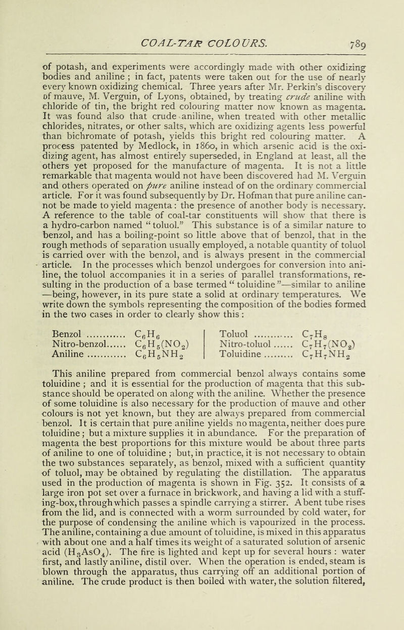 of potash, and experiments were accordingly made with other oxidizing bodies and aniline ; in fact, patents were taken out for the use of nearly every known oxidizing chemical. Three years after Mr. Perkin’s discovery of mauve, M. Verguin, of Lyons, obtained, by treating criide aniline with chloride of tin, the bright red colouring matter now known as magenta. It was found also that crude aniline, when treated with other metallic chlorides, nitrates, or other salts, which are oxidizing agents less powerful than bichromate of potash, yields this bright red colouring matter. A process patented by Medlock, in i860, in which arsenic acid is the oxi- dizing agent, has almost entirely superseded, in England at least, all the others yet proposed for the manufacture of magenta. It is not a little remarkable that magenta would not have been discovered had M. \erguin and others operated on pure aniline instead of on the ordinary commercial article. For it was found subsequently by Dr. Hofman that pure aniline can- not be made to yield magenta: the presence of another body is necessar)\ A reference to the table of coal-tar constituents will show that there is a hydro-carbon named “ toluol.” This substance is of a similar nature to benzol, and has a boiling-point so little above that of benzol, that in the rough methods of separation usually employed, a notable quantity of toluol is carried over with the benzol, and is always present in the commercial article. In the processes which benzol undergoes for conversion into ani- line, the toluol accompanies it in a series of parallel transformations, re- sulting in the production of a base termed “ toluidine ”—similar to aniline —being, however, in its pure state a solid at ordinary temperatures. We write down the symbols representing the composition of the bodies formed in the two cases in order to clearly show this: Benzol Nitro-benzol C6H5(N02) Aniline CcHgNHg Toluol C-Hg Nitro-toluol C-HyCNOg) Toluidine C^H^NHo This aniline prepared from commercial benzol always contains some toluidine ; and it is essential for the production of magenta that this sub- stance should be operated on along with the aniline. Whether the presence of some toluidine is also necessary for the production of mauve and other colours is not yet known, but they are always prepared from commercial benzol. It is certain that pure aniline yields no magenta, neither does pure toluidine; but a mixture supplies it in abundance. For the preparation of magenta the best proportions for this mixture would be about three parts of aniline to one of toluidine ; but, in practice, it is not necessary to obtain the two substances separately, as benzol, mixed with a sufficient quantity of toluol, may be obtained by regulating the distillation. The apparatus used in the production of magenta is shown in Fig. 352. It consists of a large iron pot set over a furnace in brickwork, and having a lid with a stuff- ing-box, through which passes a spindle carrying a stirrer. A bent tube rises from the lid, and is connected with a worm surrounded by cold water, for the purpose of condensing the aniline which is vapourized in the process. The aniline, containing a due amount of toluidine, is mi.xed in this apparatus with about one and a half times its weight of a saturated solution of arsenic acid (H3ASO4). The fire is lighted and kept up for several hours : water first, and lastly aniline, distil over. When the operation is ended, steam is blown through the apparatus, thus carrying off an additional portion of aniline. The crude product is then boiled with water, the solution filtered,