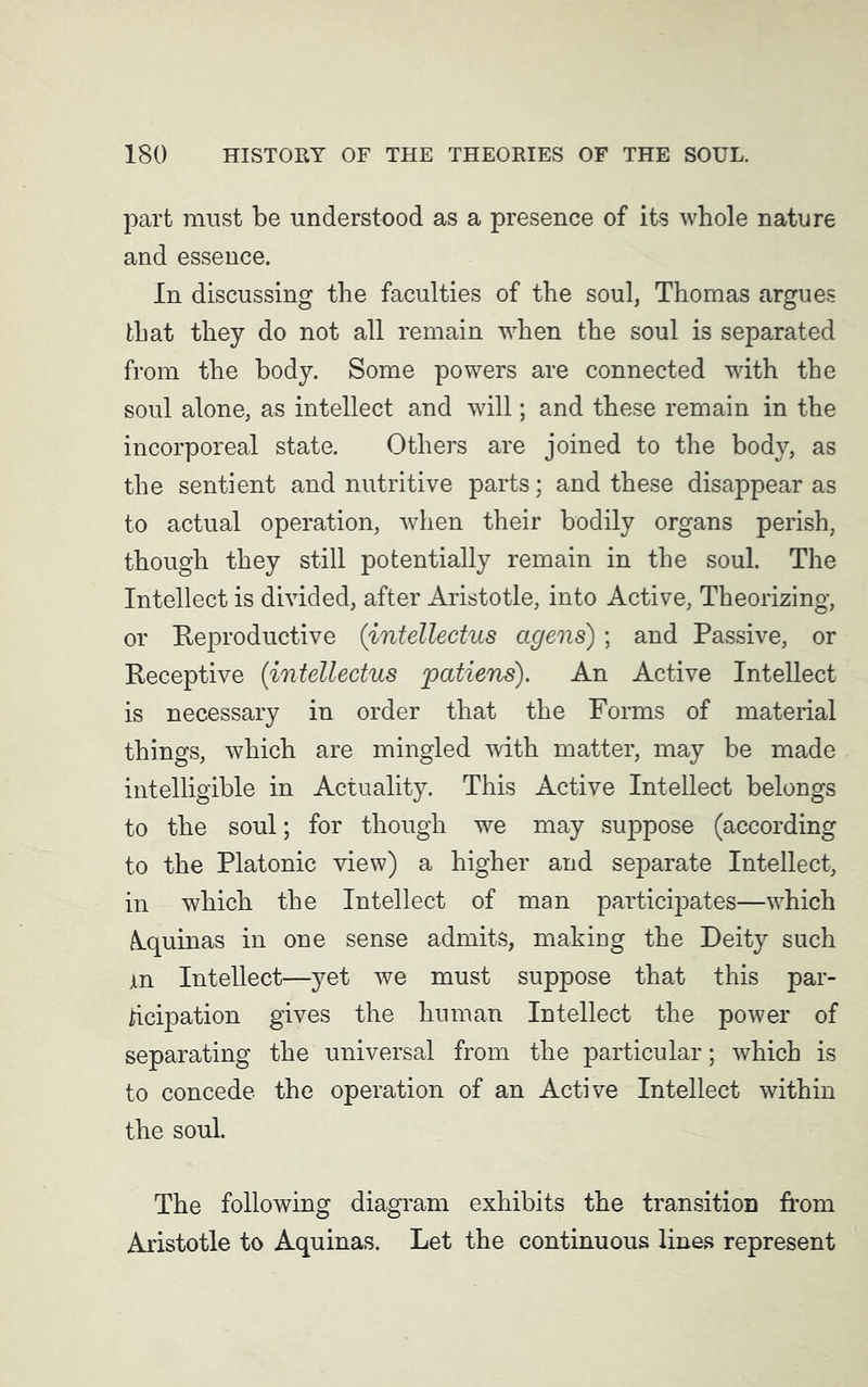 part must be understood as a presence of its whole nature and essence. In discussing the faculties of the soul, Thomas argues that they do not all remain when the soul is separated from the body. Some powers are connected with the soul alone, as intellect and will; and these remain in the incorporeal state. Others are joined to the body, as the sentient and nutritive parts; and these disappear as to actual operation, when their bodily organs perish, though they still potentially remain in the soul. The Intellect is divided, after Aristotle, into Active, Theorizing, or Reproductive (intellectus agens) ; and Passive, or Receptive {intellectus patiens). An Active Intellect is necessary in order that the Forms of material things, which are mingled with matter, may be made intelligible in Actuality. This Active Intellect belongs to the soul; for though we may suppose (according to the Platonic view) a higher and separate Intellect, in which the Intellect of man participates—which Aquinas in one sense admits, making the Deity such in Intellect—yet we must suppose that this par- ticipation gives the human Intellect the power of separating the universal from the particular; which is to concede the operation of an Active Intellect within the soul. The following diagram exhibits the transition from Aristotle to Aquinas. Let the continuous lines represent