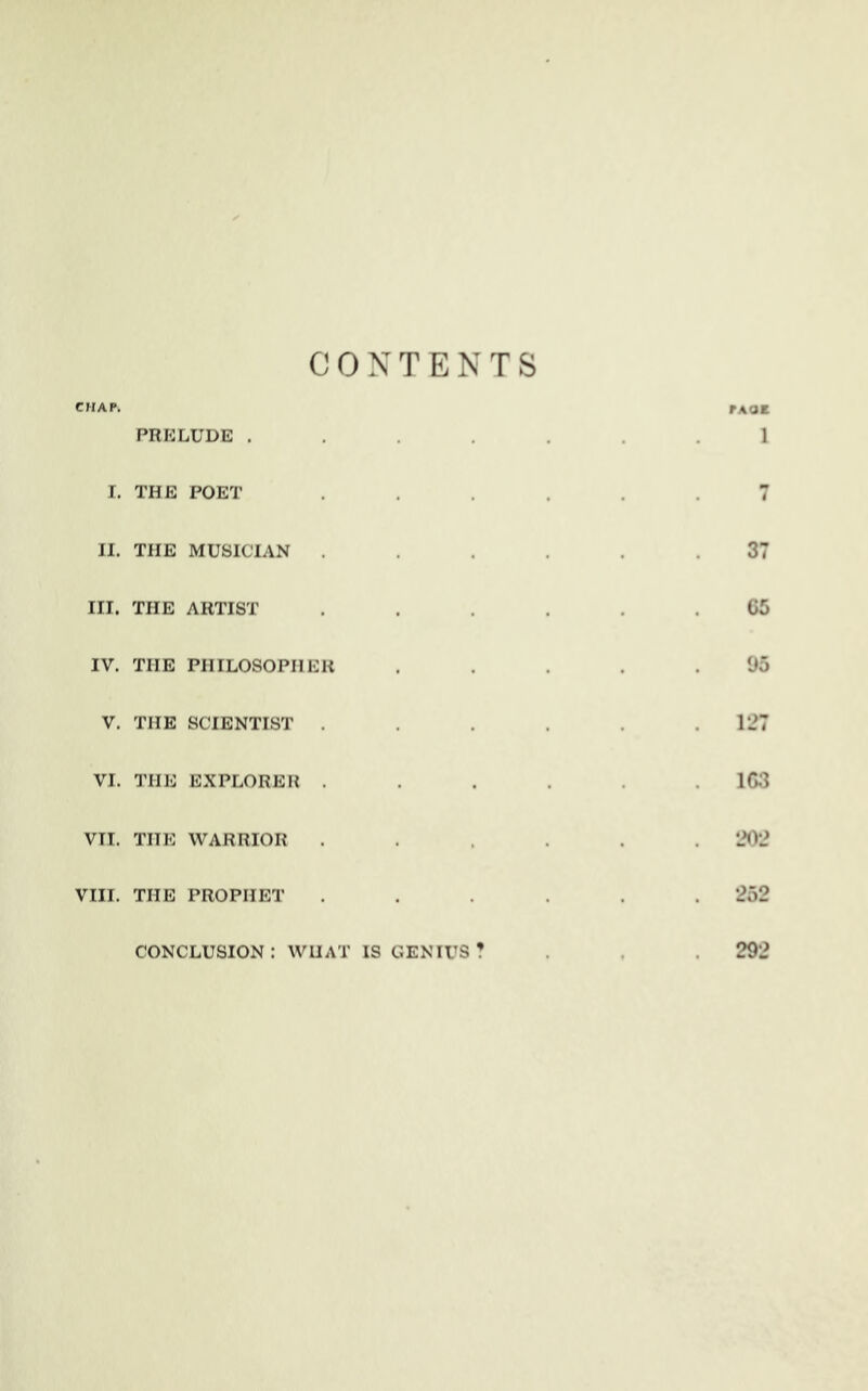 CONTENTS CHAP. PAQE PRELUDE ....... 1 I. THE POET ...... 7 II. THE MUSICIAN ...... 37 III. THE ARTIST ...... 65 IV. THE PHILOSOPHER ..... 95 V. THE SCIENTIST .127 VI. THE EXPLORER . . 1G3 VII. THE WARRIOR . . .202 VIII. THE PROPHET ...... 252 CONCLUSION: WHAT IS GENIUS? 292