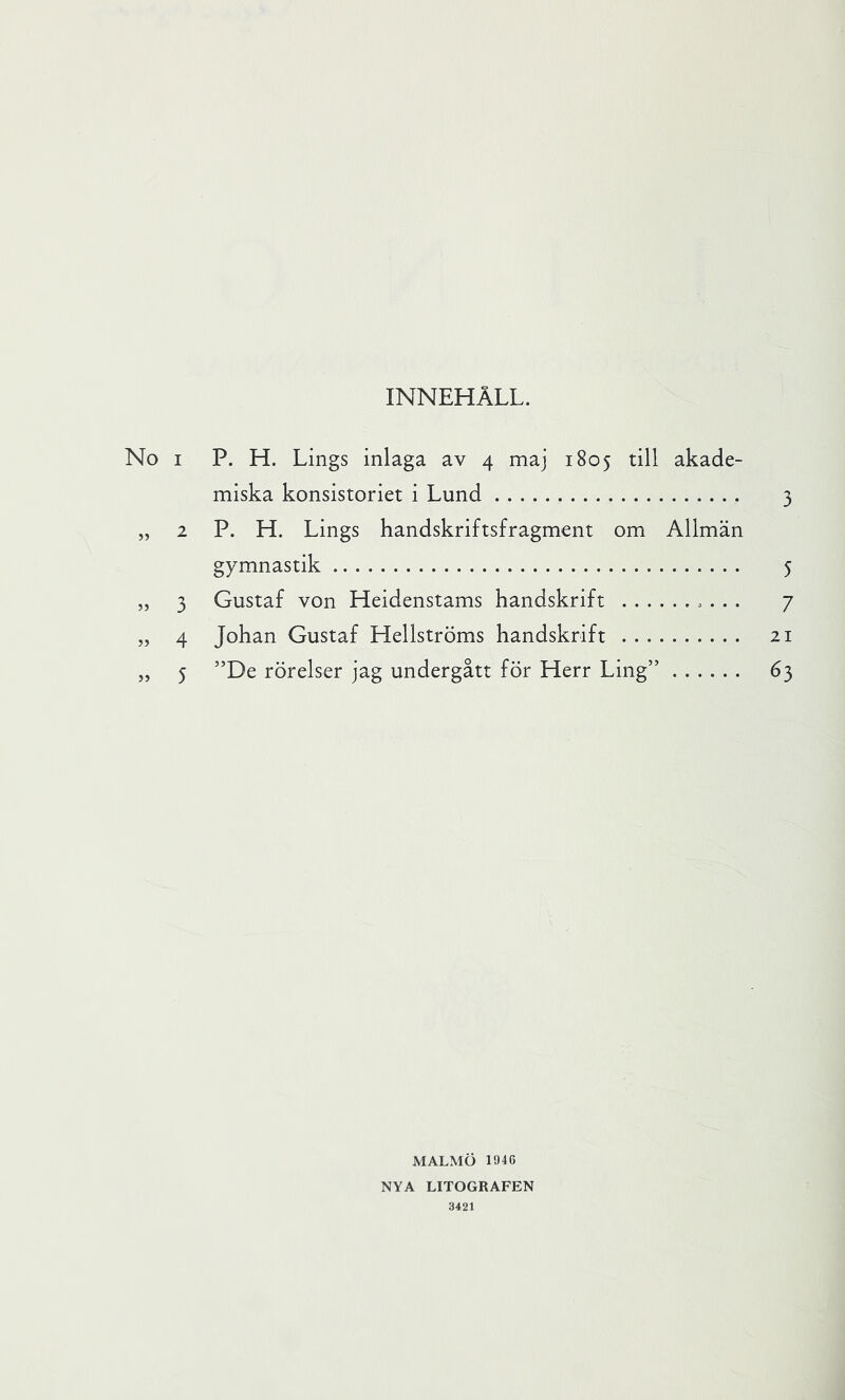 INNEHÅLL. No I P. H. Lings inlaga av 4 maj 1805 till akade- miska konsistoriet i Lund 3 „ 2 P. H. Lings handskriftsfragment om Allmän gymnastik 5 „ 3 Gustaf von Heidenstams handskrift 7 „ 4 Johan Gustaf Hellströms handskrift 21 „ 5 ”De rörelser jag undergått för Herr Ling” 63 MALMÖ 1946 NYA LITOGRAFEN 3421