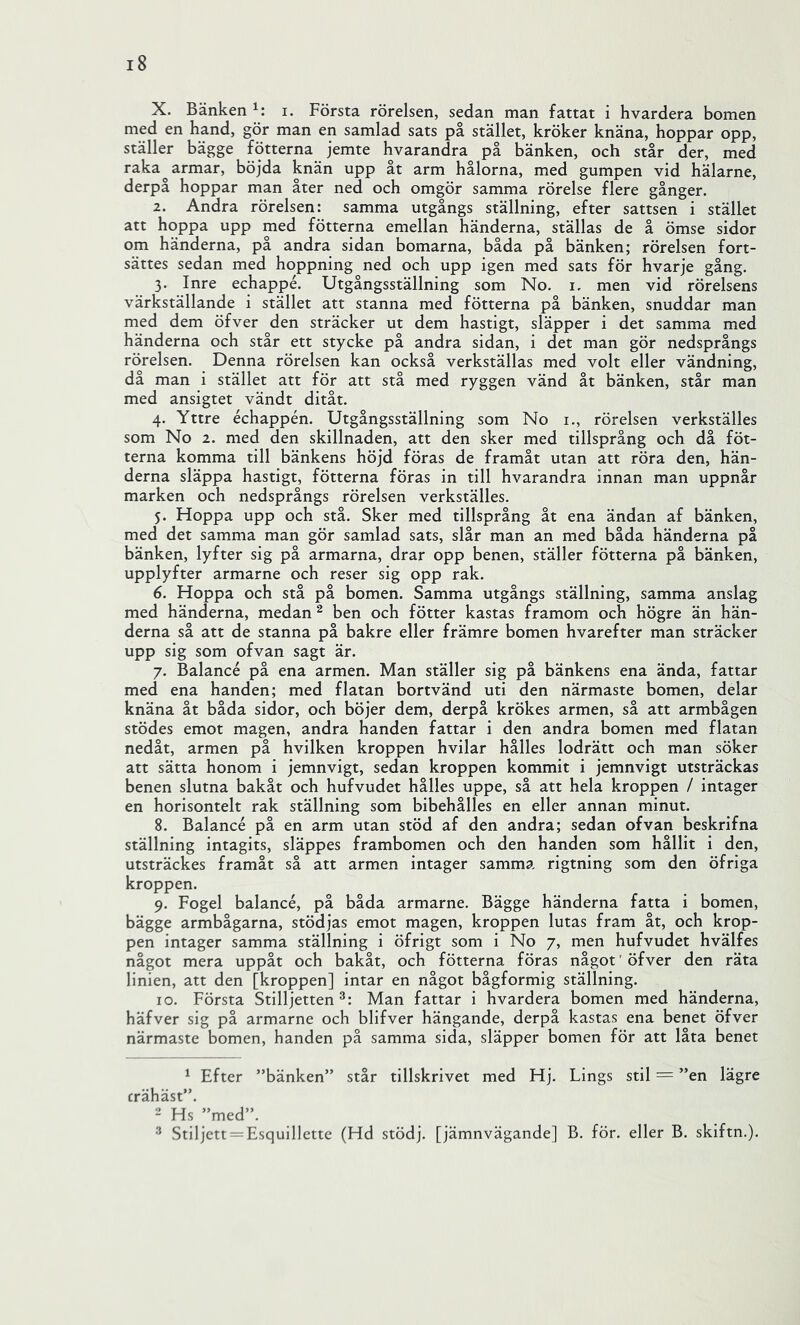 X. Bänken i. Första rörelsen, sedan man fattat i hvardera bomen med en hand, gör man en samlad sats på stället, kröker knäna, hoppar opp, ställer bägge fotterna jemte hvarandra på bänken, och står der, med raka armar, böjda knän upp åt arm hålorna, med gumpen vid hälarne, derpå hoppar man åter ned och omgör samma rörelse flere gånger. 2. Andra rörelsen: samma utgångs ställning, efter sattsen i stället att hoppa upp med fötterna emellan händerna, ställas de å ömse sidor om händerna, på andra sidan bomarna, båda på bänken; rörelsen fort- sättes sedan med hoppning ned och upp igen med sats för hvarje gång. 3. Inre echappé. Utgångsställning som No. i. men vid rörelsens värkställande i stället att stanna med fötterna på bänken, snuddar man med dem öfver den sträcker ut dem hastigt, släpper i det samma med händerna och står ett stycke på andra sidan, i det man gör nedsprångs rörelsen. Denna rörelsen kan också verkställas med volt eller vändning, då man i stället att för att stå med ryggen vänd åt bänken, står man med ansigtet vändt ditåt. 4. Yttre échappén. Utgångsställning som No i., rörelsen verkställes som No 2. med den skillnaden, att den sker med tillsprång och då föt- terna komma till bänkens höjd föras de framåt utan att röra den, hän- derna släppa hastigt, fötterna föras in till hvarandra innan man uppnår marken och nedsprångs rörelsen verkställes. 5. Hoppa upp och stå. Sker med tillsprång åt ena ändan af bänken, med det samma man gör samlad sats, slår man an med båda händerna på bänken, lyfter sig på armarna, drar opp benen, ställer fötterna på bänken, upplyfter armarne och reser sig opp rak. 6. Hoppa och stå på bomen. Samma utgångs ställning, samma anslag med händerna, medan ^ ben och fötter kastas framom och högre än hän- derna så att de stanna på bakre eller främre bomen hvarefter man sträcker upp sig som ofvan sagt är. 7. Balancé på ena armen. Man ställer sig på bänkens ena ända, fattar med ena handen; med flatan bortvänd uti den närmaste bomen, delar knäna åt båda sidor, och böjer dem, derpå krökes armen, så att armbågen stödes emot magen, andra handen fattar i den andra bomen med flatan nedåt, armen på hvilken kroppen hvilar hålles lodrätt och man söker att sätta honom i jemnvigt, sedan kroppen kommit i jemnvigt utsträckas benen slutna bakåt och hufvudet hålles uppe, så att hela kroppen / intager en horisontelt rak ställning som bibehålies en eller annan minut. 8. Balancé på en arm utan stöd af den andra; sedan ofvan beskrifna ställning intagits, släppes frambomen och den handen som hållit i den, utsträckes framåt så att armen intager samma rigtning som den öfriga kroppen. 9. Fogel balancé, på båda armarne. Bägge händerna fatta i bomen, bägge armbågarna, stödjas emot magen, kroppen lutas fram åt, och krop- pen intager samma ställning i öfrigt som i No 7, men hufvudet hvälfes något mera uppåt och bakåt, och fötterna föras något' öfver den räta linien, att den [kroppen] intar en något bågformig ställning. 10. Första Stilljetten Man fattar i hvardera bomen med händerna, häfver sig på armarne och blifver hängande, derpå kastas ena benet öfver närmaste bomen, handen på samma sida, släpper bomen för att låta benet ^ Efter ”bänken” står tillskrivet med Hj. Lings stil = ”en lägre trähäst”. “ Hs ”med”. Stiljett = Esquillette (Hd stödj. [jämnvägande] B. för. eller B. skiftn.).