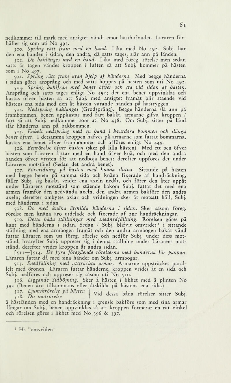 nedkommer till mark med ansigtet vändt emot hästhufvudet. Läraren för- håller sig som uti No 493. 500. Språng rätt jram med en hand. Lika med No 492. Subj. har den ena handen i sidan, den andra, då satts tages, slår ann på länden. 501. Do baklänges med en hand. Lika med föreg. rörelse men sedan satts är tagen vändes kroppen i luften så att Subj. kommer på hästen som i No 497. 502. Språng rätt fram utan hjelp af händerna. Med begge händerna i sidan göres ansprång och med satts hoppas på hästen som uti No 492. 503. Språng bakifrån med benet öfver och stå vid sidan af hästen. Ansprång och satts tages enligt No 492; det ena benet uppvinklas och kastas öfver hästen så att Subj. med ansigtet framåt blir stående vid hästens ena sida med den åt hästen varande handen på hästryggen. 504. Nedsprång baklänges (Grodsprång). Begge händerna slå ann på frambommen, benen uppkastas med fart bakåt, armarne gifva kroppen / fart så att Subj. nedkommer som uti No 458. Om Subj. sitter på länd slår händerna ann på bakbommen. 505. Enkelt nedsprång med en hand i hvardera bommen och slänga benet öfver. I detsamma kroppen häfves på armarne som fattat bommarna, kastas ena benet öfver frambommen och afföres enligt No 449. 506. Benrörelse öfver hästen (sker på lilla hästen). Med ett ben öfver hästen som Läraren fattar med en hand öfver knä, och med den andra handen öfver vristen för att nedböja benet; derefter uppföres det under Lärarens motstånd (Sedan det andra benet). 507. Förvridning på hästen med knäna slutna. Sittande på hästen med begge benen på samma sida och knäna fixerade af handräckning, fäller Subj. sig bakåt, vrider ena axeln nedåt, och förer den åter uppåt under Lärarens motstånd som stående bakom Subj. fattat det med ena armen framför den nedvända axeln, den andra armen bakföre den andra axeln; derefter ombytes axlar och vridningen sker åt motsatt håll, Subj. med händerna i sidan. 508. Do med knäna åtskilda händerna i sidan. Sker såsom föreg. rörelse men knäna äro utdelade och fixerade af 2ne handräckningar. 510. Dessa båda ställningar med snednedfällning. Rörelsen göres på kant med händerna i sidan. Sedan / Subj. blifvit omvridet ^ i sittande ställning med ena armbogen framåt och den andra armbogen bakåt vänd fattar Läraren som uti föreg. rörelse och nedför Subj. under dess mot- stånd, hvarefter Subj. uppreser sig i denna ställning under Lärarens mot- stånd, derefter vrides kroppen åt andra sidan. [511—]5i4. De fyra föregående rörelserna med händerna för pannan. Läraren fattar då med sina händer om Subj. armbogar. 515. Snedfällning med utsträckta armar. Armarne uppsträckes paral- lelt med öronen. Läraren fattar händerne, kroppen vrides åt en sida och Subj. nedföres och uppreser sig såsom uti No 510. 516. Liggande Sidböjning. Sker å hästen i likhet med å plinten No 392 (Benen äro tillsammans eller åtskilda på hästens ena sida.) 517. Ljumskrörelse på hästen 1 tt-1 i 10, , • cl* Sii Do motröreUe J å hästländen med en handräckning i grensle bakföre som med sina armar fångar om Subj., benen uppvinklas så att kroppen formerar en rät vinkel och rörelsen göres i likhet med No 396 & 397. ^ Hs ”omvriden ’