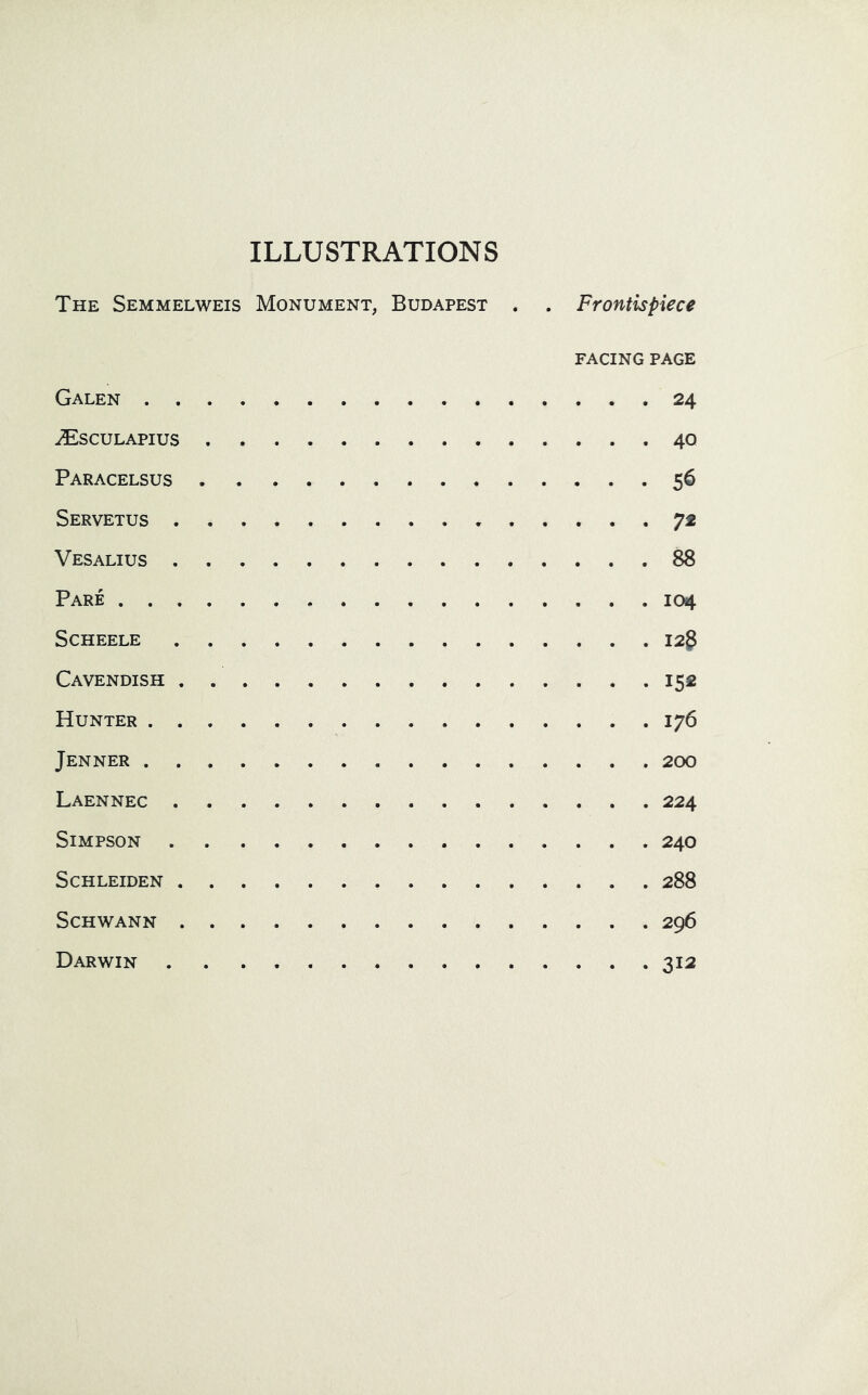 ILLUSTRATIONS The Semmelweis Monument, Budapest . . Frontispiece FACING PAGE Galen 24 ^Esculapius 40 Paracelsus 56 Servetus 72 Ves alius 88 Pare 104 SCHEELE 128 Cavendish 152 Hunter 176 Jenner 200 Laennec 224 Simpson 240 SCHLEIDEN 288 Schwann 296 Darwin 312