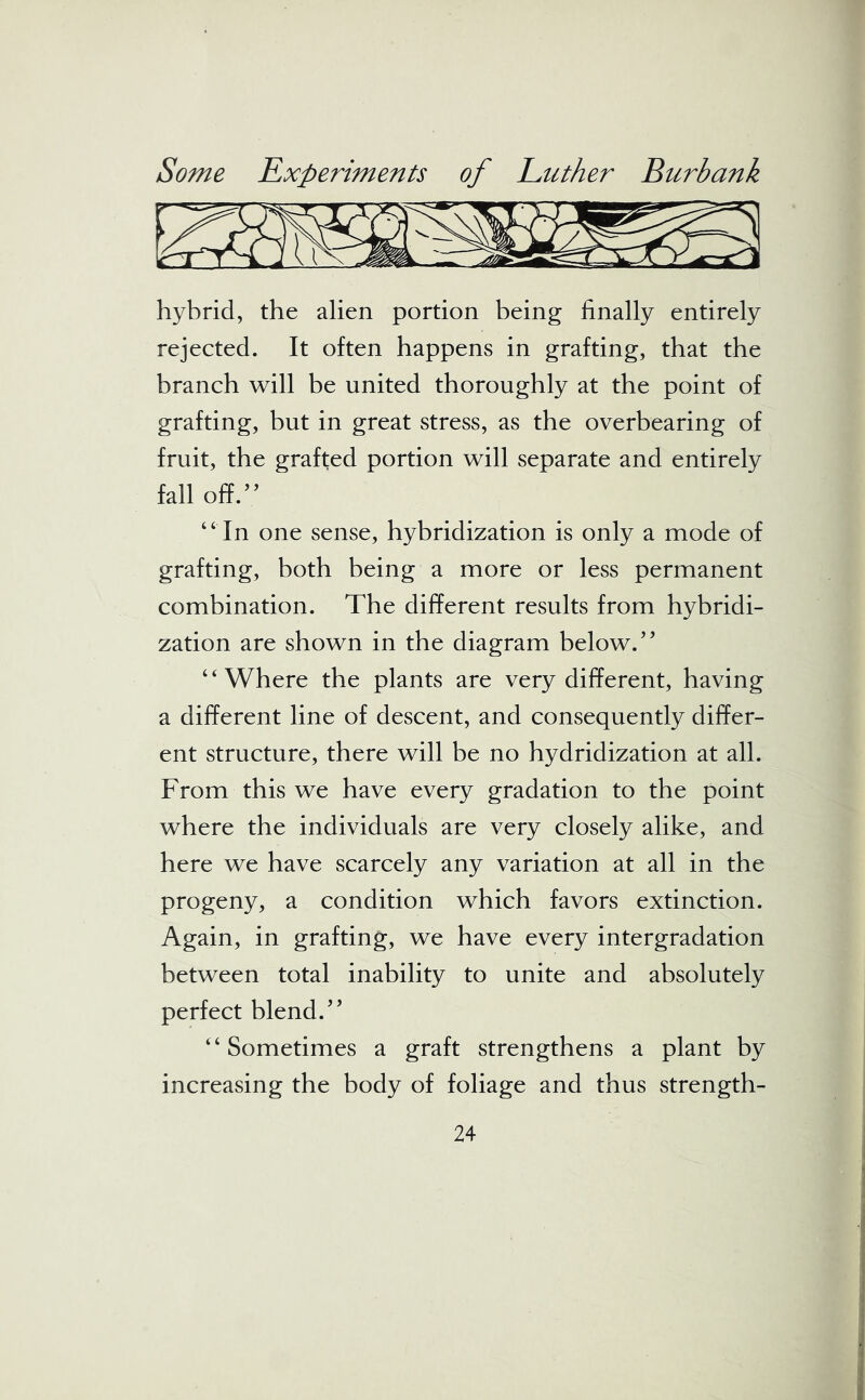 hybrid, the alien portion being finally entirely rejected. It often happens in grafting, that the branch will be united thoroughly at the point of grafting, but in great stress, as the overbearing of fruit, the grafted portion will separate and entirely fall off.” “'In one sense, hybridization is only a mode of grafting, both being a more or less permanent combination. The different results from hybridi- zation are shown in the diagram below.” 4 4 Where the plants are very different, having a different line of descent, and consequently differ- ent structure, there will be no hydridization at all. From this we have every gradation to the point where the individuals are very closely alike, and here we have scarcely any variation at all in the progeny, a condition which favors extinction. Again, in grafting, we have every intergradation between total inability to unite and absolutely perfect blend.” 44 Sometimes a graft strengthens a plant by increasing the body of foliage and thus strength-