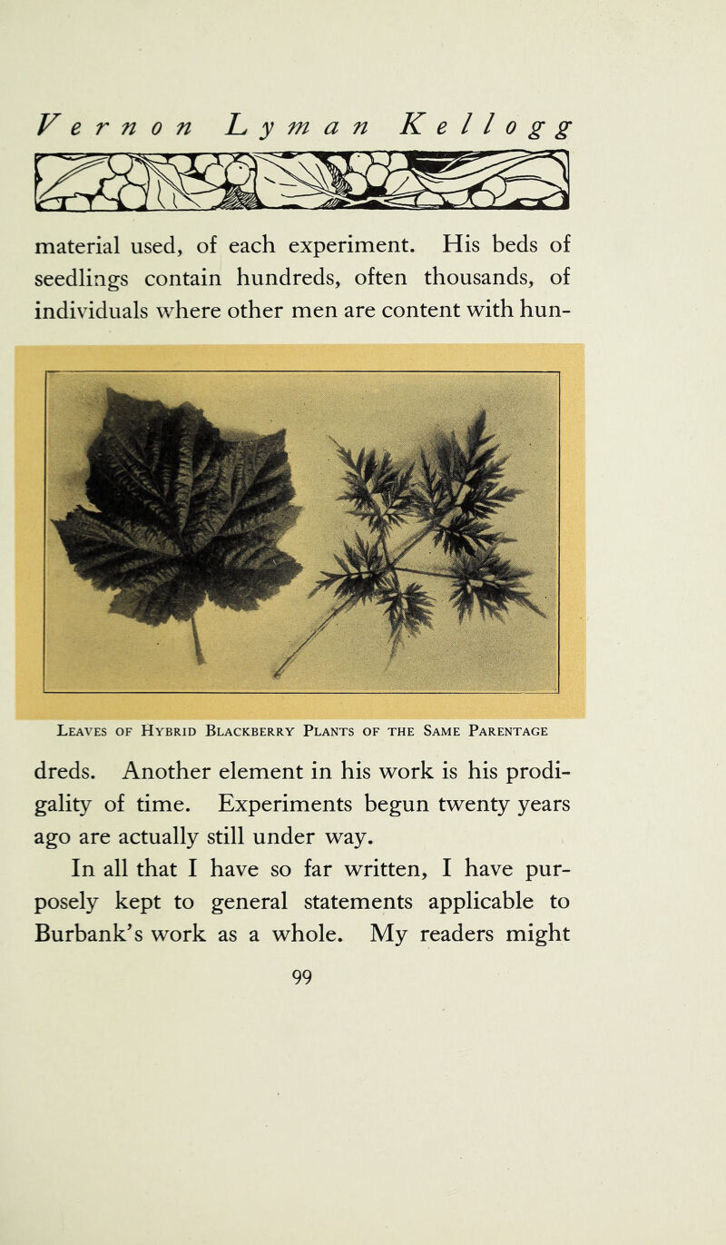 material used, of each experiment. His beds of seedlings contain hundreds, often thousands, of individuals where other men are content with hun- Leaves of Hybrid Blackberry Plants of the Same Parentage dreds. Another element in his work is his prodi- gality of time. Experiments begun twenty years ago are actually still under way. In all that I have so far written, I have pur- posely kept to general statements applicable to Burbank’s work as a whole. My readers might