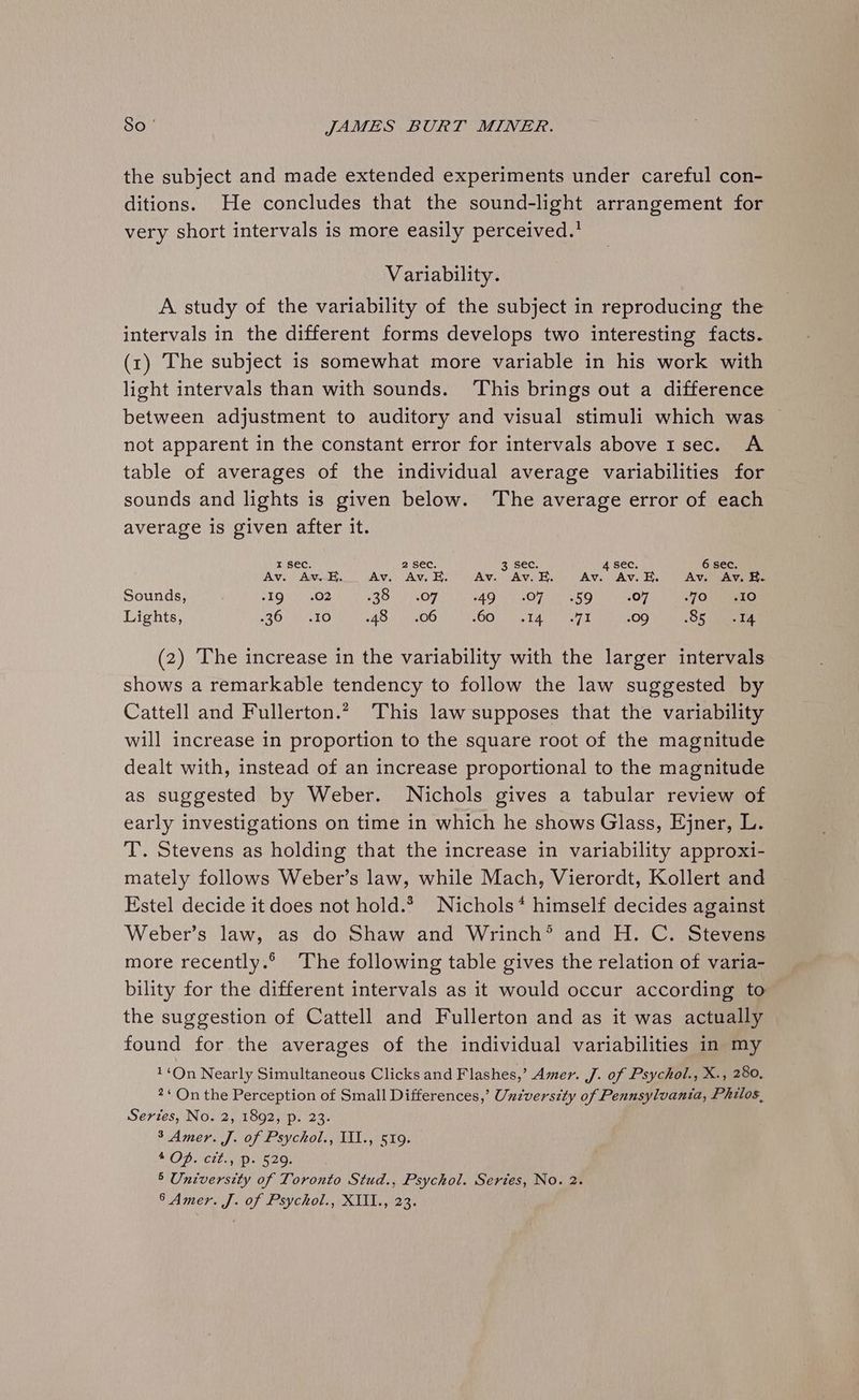 the subject and made extended experiments under careful con- ditions. He concludes that the sound-light arrangement for very short intervals is more easily perceived.’ Variability. A study of the variability of the subject in reproducing the intervals in the different forms develops two interesting facts. (1) The subject is somewhat more variable in his work with light intervals than with sounds. ‘This brings out a difference between adjustment to auditory and visual stimuli which was — not apparent in the constant error for intervals above 1sec. A table of averages of the individual average variabilities for sounds and lights is given below. ‘The average error of each average is given after it. r sec. 2 sec. 3 sec. 4 sec. 6 sec. Av. Av. E. Av. Av. EH. Av. Av. E. Av. Av. E. Av. Av. H. Sounds, . TOR O2 eC SAC Sey 3G .07 OOO Lights, 2000.50 SAS uu OO SOO Ne La yey 2 09 OS coat (2) The increase in the variability with the larger intervals shows a remarkable tendency to follow the law suggested by Cattell and Fullerton.* This law supposes that the variability will increase in proportion to the square root of the magnitude dealt with, instead of an increase proportional to the magnitude as suggested by Weber. Nichols gives a tabular review of early investigations on time in which he shows Glass, Ejner, L. T.. Stevens as holding that the increase in variability approxi- mately follows Weber’s law, while Mach, Vierordt, Kollert and Estel decide it does not hold.* Nichols* himself decides against Weber’s law, as do Shaw and Wrinch’ and H. C. Stevens. more recently.° The following table gives the relation of varia- bility for the different intervals as it would occur according to the suggestion of Cattell and Fullerton and as it was actually found for the averages of the individual variabilities in my 1‘On Nearly Simultaneous Clicks and Flashes,’ Amer. J. of Psychol., X., 280, 2* On the Perception of Small Differences,’ Unzversity of Pennsylvania, Philos, Series, No. 2, 1892, p. 23. 3 Amer. J. of Psychol., Ill., 519. RID Cte Wig ek 2, 5 University of Toronto Stud., Psychol. Series, No. 2.