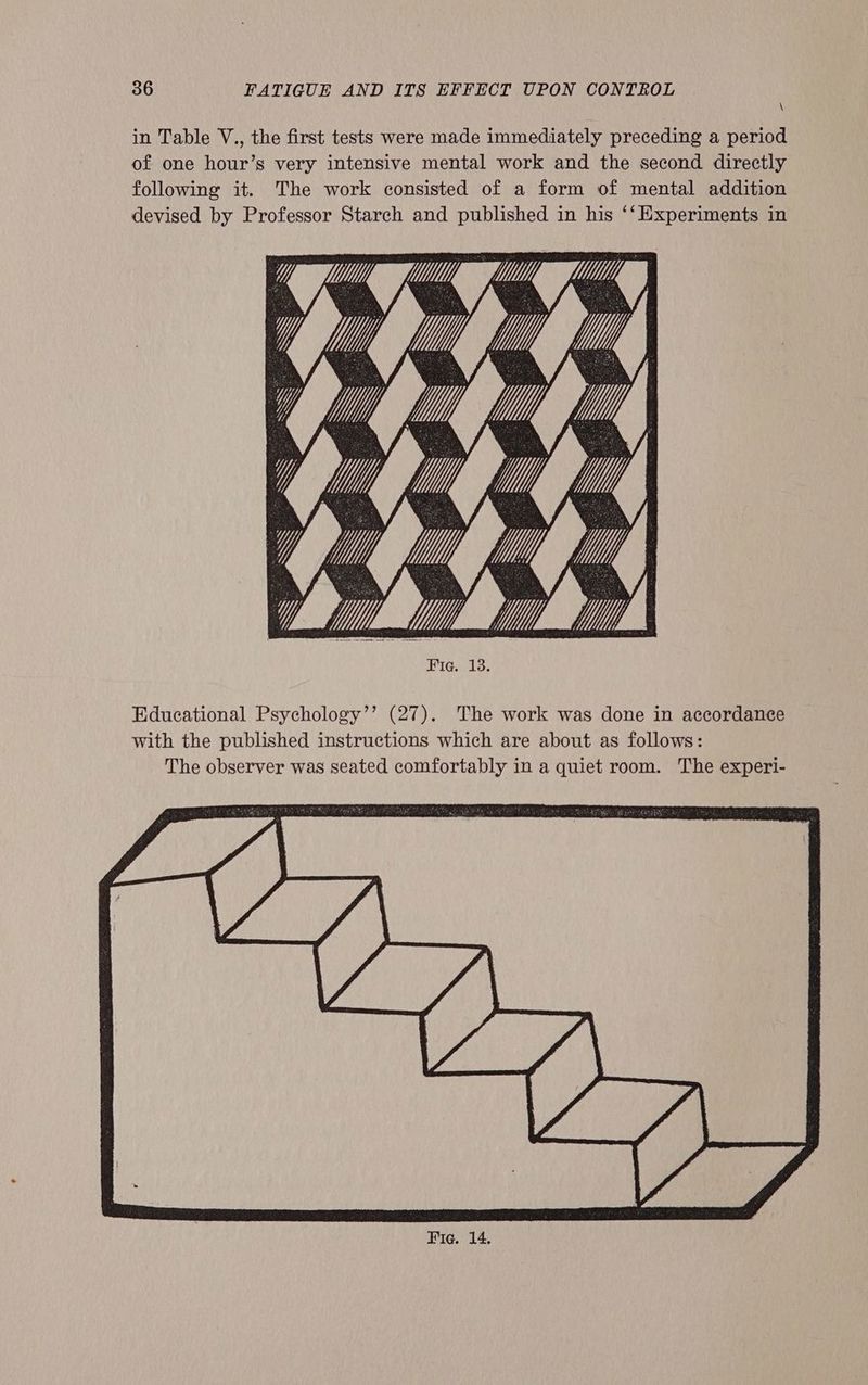 in Table V., the first tests were made immediately preceding a period of one hour’s very intensive mental work and the second directly following it. The work consisted of a form of mental addition devised by Professor Starch and published in his ‘‘Experiments in | $4 $4 hhh Fig. 13. Educational Psychology’’ (27). The work was done in accordance with the published instructions which are about as follows: The observer was seated comfortably in a quiet room. The experi-
