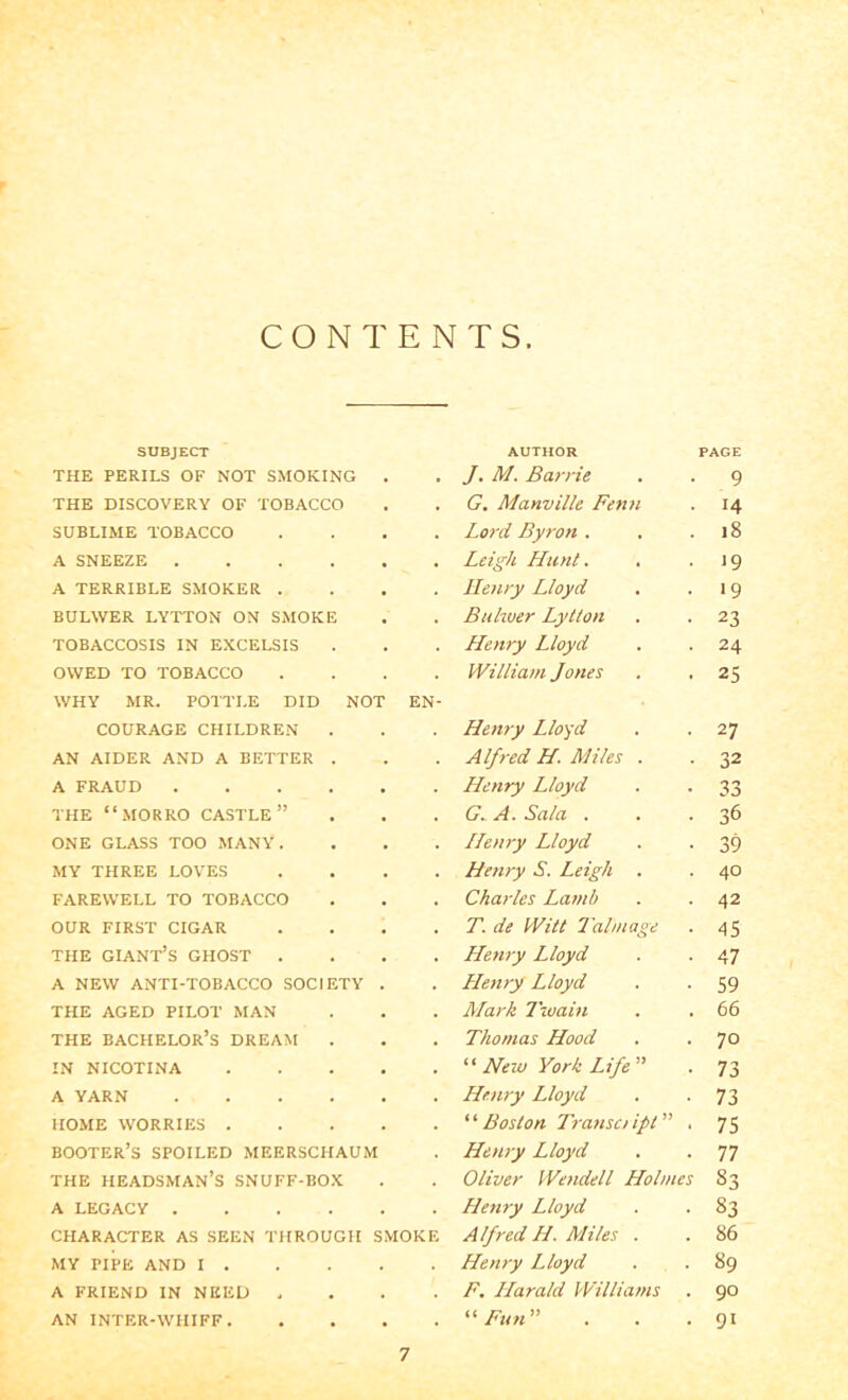 CONTENTS SUBJECT AUTHOR PAGE THE PERILS OF NOT SMOKING . J. M. Barrie 9 THE DISCOVERY OF TOBACCO • G, Manville Fenn 14 SUBLIME TOBACCO • . Lord Byron . 18 A SNEEZE .... • • Leigh LLunt. 19 A TERRIBLE SMOKER . • Henry Lloyd 19 BULWER LYTTON ON SMOKE • . Buhver Lytton 23 TOBACCOSIS IN EXCELSIS . LLenry Lloyd 24 OWED TO TOBACCO William Jones 25 WHY MR. POTTLE DID NOT EN- COURAGE CHILDREN Hemy Lloyd 27 AN AIDER AND A BETTER . . Alfred LL. Miles . 32 A FRAUD .... • LLenry Lloyd 33 THE “MORRO castle” • G: A. Sala . 36 ONE GLASS TOO MANY. . LLenry Lloyd 39 MY THREE LOVES . LLenry S. Leigh 40 FAREWELL TO TOBACCO . Charles Lamb 42 OUR FIRST CIGAR • T. de Witt Talmage 45 THE giant’s ghost . . LLe7iry Lloyd 47 A NEW ANTI-TOBACCO SOCIETY . LLenry Lloyd 59 THE AGED PILOT MAN . Mark Lwain 66 THE bachelor’s DREAM • • Thomas LLood 70 I.N NICOTINA • “ New York Life ” 73 A YARN .... . LLenry Lloyd 73 HOME WORRIES . . ‘ ‘ Boston Transc! ift ” 75 BOOTER’s spoiled MEERSCHAUM LLenry Lloyd 77 THE headsman’s SNUFF-BOX . Oliver Wendell LLolmes 83 A LEGACY .... LLenry Lloyd 83 CHARACTER AS SEEN THROUGH SMOKE Alfred LL. Miles . 86 MY PIPE AND I . LLenry Lloyd 89 A FRIEND IN NEED . F. LLarald Williams 90 AN INTER-WHIFF. • ''Ftm'’ 91