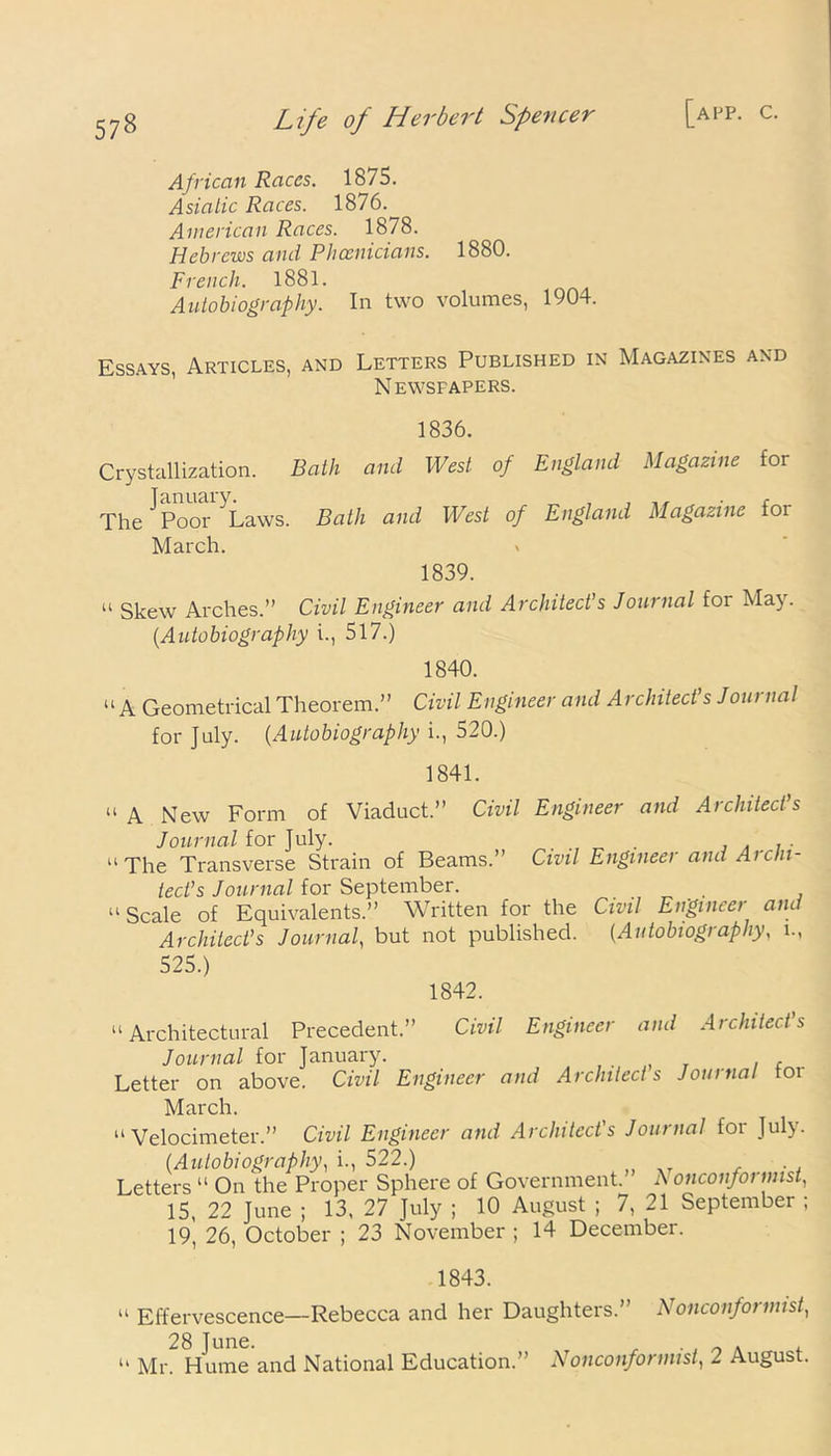 African Races. 1875. Asiatic Races. 1876.^ American Races. 1878. Hebrews and Phoenicians. 1880. French. 1881. Autobiography. In two volumes, 1904. Essays, Articles, and Letters Published in Magazines and Newsfapers. 1836. Crystallization. Bath and West of England Magazine for The ^Poor *Laws. Bath and West of England Magazine for March. 1839. a skew Arches.” Civil Engineer and Architect’s Journal for May. (.Autobiography i., 517.) 1840. “A Geometrical Theorem.” Civil Engineer and Architect’s Journal for July. (Autobiography i., 520.) 1841. a A New Form of Viaduct.” Civil Engineer and Architect’s Journal for July. . . ,. “ The Transverse Strain of Beams.” Civil Engineer and Archi- tect’s Journal for September. a Scale of Equivalents.” Written for the Civil Engineer and Architect’s Journal, but not published. (Autobiography, i., 525.) 1842. “Architectural Precedent.” Civil Engineer and Architect’s Journal for January. , , Letter on above. Civil Engineer and Architect s Journal toi March. a Velocimeter.” Civil Engineer and Architect's Journal for July. (.Autobiography, i., 522.) . Letters “ On the Proper Sphere of Government. A onconfoi mist, ' 15, 22 June ; 13, 27 July ; 10 August ; 7, 21 September ; 19, 26, October ; 23 November ; 14 December. 1843. “ Effervescence—Rebecca and her Daughters.” Nonconformist, 28 June. . . J _ . , a Mr. Hume and National Education.” Nonconformist, 2 August.