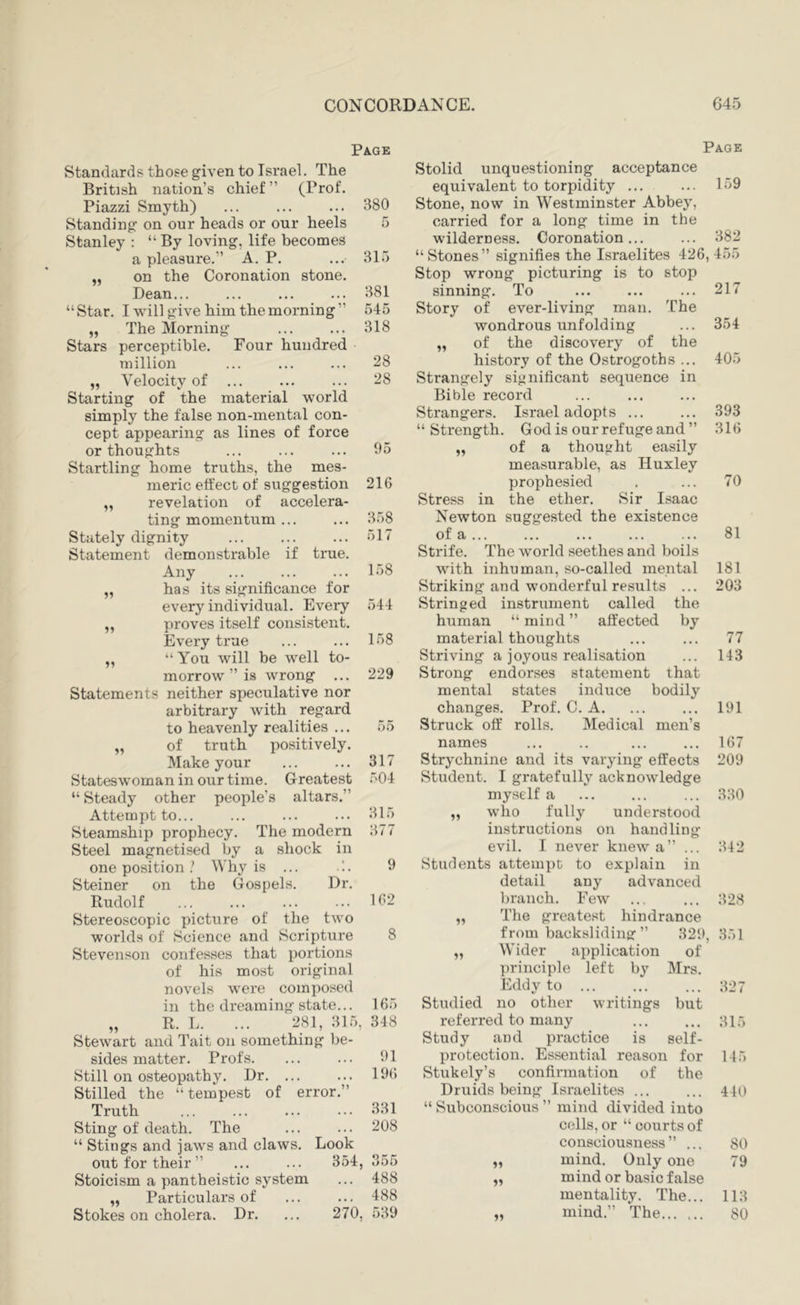 Page Standards those given to Israel. The British nation’s chief ” (Prof. Piazzi Smyth) ... ... ... 380 Standing on our heads or our heels 5 Stanley : “ By loving, life becomes a pleasure.” A. P. ... 31.i „ on the Coronation stone. Dean... ... ... ... 381 “Star. I will give him the morning” 545 „ The Morning ... ... 318 Stars perceptible. Four hundred million ... ... ... 28 „ Velocity of ... ... ... 28 Starting of the material world simply the false non-mental con- cept appearing as lines of force or thoughts ... ... ... 95 Startling home truths, the mes- meric effect of suggestion 216 „ revelation of accelera- ting momentum ... ... 358 Stately dignity ... ... ... 517 Statement demonstrable if true. Any ... ... ... 158 „ has its significance for every individual. Every 544 ,, proves itself consistent. Every true ... ... 158 „ “ You will be well to- morrow ” is wrong ... 229 Statements neither speculative nor arbitrary with regard to heavenly realities ... 55 „ of truth positively. Make your ... ... 317 Stateswoman in our time. Greatest 504 “ Steady other people’s altars.” Attempt to... ... ... ... 315 Steamship prophecy. The modern 377 Steel magnetised by a shock in one position ? Why is ... !. 9 Steiner on the Gos{)els. Dr. Rudolf ... ... ... ... 11’2 Stereoscopic picture of the two worlds of Science and Scripture 8 Stevenson confesses that portions of his most original novels were composed in the dreaming state... 165 „ R. 1 281, 315, 348 Stewart and Tait on something be- sides matter. Profs. ... ... 91 Still on osteopathy. Dr. ... ... 196 Stilled the “ tempest of eri’or.” Truth 331 Sting of death. The ... ... 208 “ Stings and jaws and claws. Look out for their ” ... ... 354, 355 Stoicism a pantheistic system ... 488 „ Particulars of ... ... 488 Stokes on cholera. Dr. ... 270, 539 Page Stolid unquestioning acceptance equivalent to torpidity 159 Stone, now in Westminster Abbey, carried for a long time in the wilderness. Coronation... ... 382 “ Stones” signifies the Israelites 426, 455 Stop wrong picturing is to stop sinning. To ... ... ... 217 Story of ever-living man. The wondrous unfolding ... 354 „ of the discovery of the history of the Ostrogoths ... 405 Strangely significant sequence in Bible record Strangers. Israel adopts ... ... 393 “Strength. God is our refuge and” 316 „ of a thought easily measurable, as Huxley prophesied . ... 70 Stress in the ether. Sir Isaac Newton suggested the existence of a ... ... ... ... ... 81 Strife. The world seethes and boils with inhuman, so-called mental 181 Striking and wonderful results ... 203 Stringed instrument called the human “ mind ” affected by material thoughts ... ... 77 Striving a joyous realisation ... 143 Strong endorses statement that mental states induce bodily changes. Prof. C. A. ... ... 191 Struck off rolls. Medical men’s names ... .. ... ... 167 Strychnine and its varying effects 209 Student. I gratefully acknowledge myself a ... ... ... 330 „ who fully understood instructions on handling evil. I never knew a” ... 342 Students atteinpc to explain in detail any advanced branch. Few ... ... 328 „ The greatest hindrance from backsliding” 329, 351 „ Wider application of principle left by Mrs. Eddy to 327 Studied no other writings but referred to many ... ... 3ir) Study and practice is self- protection. Essential reason for 145 Stukely’s confirmation of the Druids being Israelites ... ... 440 “ Subconscious ” mind divided into cells, or “ courts of consciousness” ... 80 „ mind. Only one 79 „ mind or basic false mentality. The... 113 „ mind.” The... ... 80