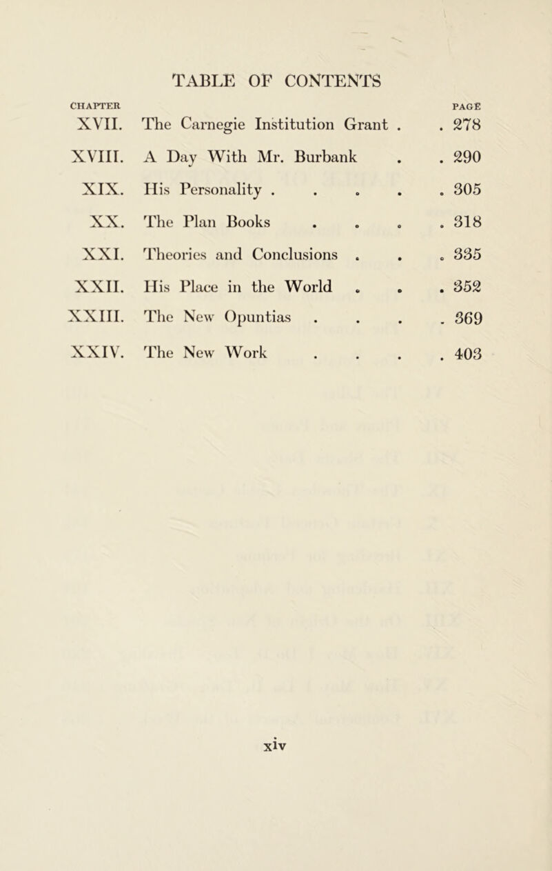 CHAPTER XVII. The Carnegie Institution Grant . page . 278 XVIII. A Day With Mr. Burbank . 290 XIX. His Personality .... . 305 XX. The Plan Books . 318 XXI. Theories and Conclusions . . 335 XXII. 11 is Place in the World . 352 XXIII. The New Opuntias . 369 XXIV. The New Work . 403