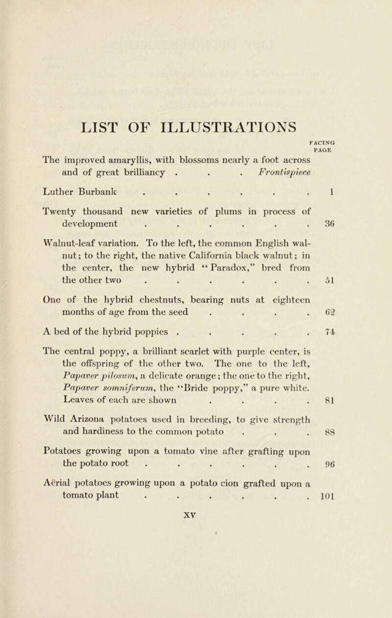 LIST OF ILLUSTRATIONS FACING PAGE The imjiroved amaryllis, with blossoms nearly a foot across and of great brilliancy . . . Frontispiece Luther Burbank ..... .1 Twenty thousand new varieties of plums in process of development . . . . . .30 Walnut-leaf variation. To the left, the common English wal- nut; to the right, the native California black walnut; in the center, the new hybrid “ Paradox,” bred from the other two . . . . . . .*>1 One of the hybrid chestnuts, bearing nuts at eighteen months of age from the seed . . . .02 A bed of the hybrid popjiies . . . . .74 The central popjiy, a brilliant scarlet with purple center, is the offspring of the other two. The one to the left, Papaver pilosvm, a delicate orange; the one to the right, Papaver somniferum, the “Bride poppy,” a j)ure white. Leaves of each are shown . . . .HI Wild Arizona potatoes used in breeding, to give strength and hardiness to the common potato . . .88 Potatoes growing upon a tomato vine after grafting upon the potato root . . . . , .96 Aerial potatoes growing upon a potato cion grafted upon a tomato plant . . . . . .101