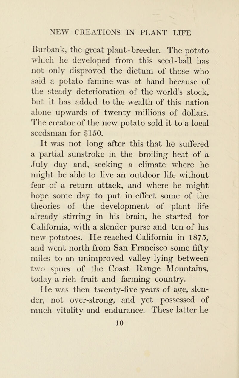 Burbank, the great plant-breeder. The potato whieh he developed from this seed-ball has not only disproved the dietuin of those who said a potato famine was at hand because of the steady deterioration of the world’s stock, but it has added to the wealth of this nation alone upwards of twenty millions of dollars. Tlie creator of tlie new potato sold it to a local seedsman for $150. It was not long after this that he suffered a partial sunstroke in the broiling heat of a July day and, seeking a climate where he might be able to live an outdoor life without fear of a return attack, and where he might hope some day to put in effect some of the theories of the development of plant life already stirring in his brain, he started for California, with a slender purse and ten of his new potatoes. He reached California in 1875, and went north from San Francisco some fifty miles to an unimproved valley lying between two spurs of the Coast Range Mountains, today a rich fruit and farming country. He was then twenty-five years of age, slen- der, not over-strong, and yet possessed of much vitality and endurance. These latter he