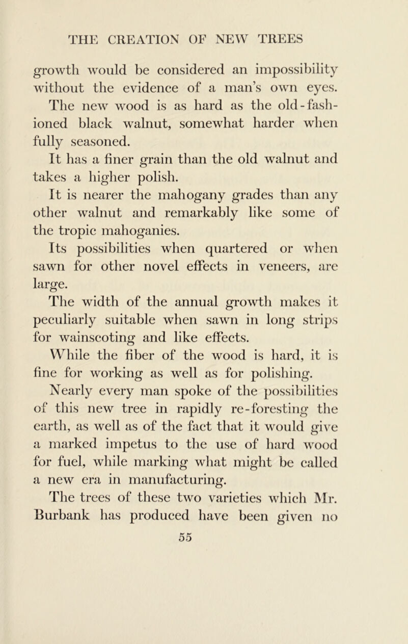 growth would be considered an impossibility without the evidence of a man’s own eyes. The new wood is as hard as the old-fasli- ioned black walnut, somewhat harder when fully seasoned. It has a finer grain than the old walnut and takes a higher polish. It is nearer the mahogany grades than any other walnut and remarkably like some of the tropic mahoganies. Its possibilities when quartered or when sawn for other novel effects in veneers, are large. The width of tlie annual growtli makes it peculiarly suitable when sawn in long strips for wainscoting and like effects. While the fiber of the wood is liard, it is fine for working as well as for polisliing. Nearly every man spoke of the possibilities of this new tree in rapidly re-foresting the eartli, as well as of the fact that it would give a marked impetus to tlie use of hard wood for fuel, while marking wliat might be called a new era in manufacturing. The trees of these two varieties which Mr. Burbank has produced have been given no