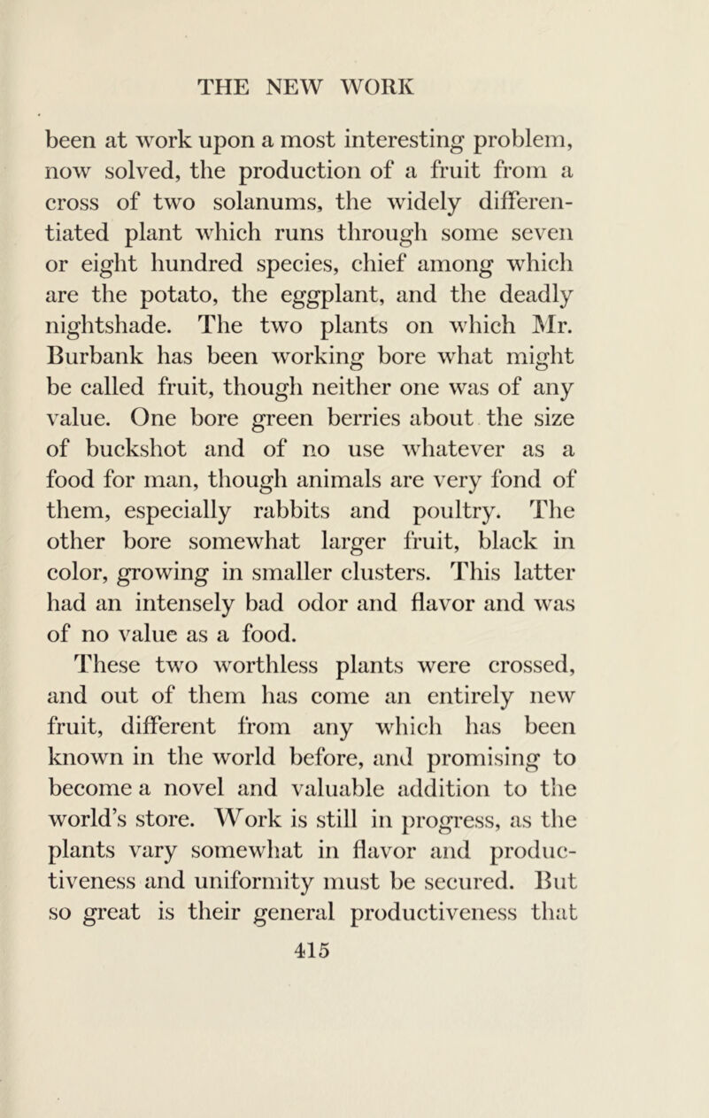 been at work upon a most interesting problem, now solved, the production of a fruit from a cross of two solanums, the widely differen- tiated plant which runs through some seven or eight hundred species, chief among which are the potato, the eggplant, and the deadly nightshade. The two plants on which Mr. Burbank has been working bore what might be called fruit, though neither one was of any value. One bore green berries about the size of buckshot and of no use whatever as a food for man, though animals are very fond of them, especially rabbits and poultry. The other bore somewhat larger fruit, black in color, growing in smaller clusters. This latter had an intensely bad odor and flavor and was of no value as a food. These two worthless plants were crossed, and out of them has come an entirely new fruit, different from any which has been known in the world before, and promising to become a novel and valuable addition to the world’s store. Work is still in progress, as the plants vary somewhat in flavor and produc- tiveness and uniformity must be secured. But so great is their general productiveness that