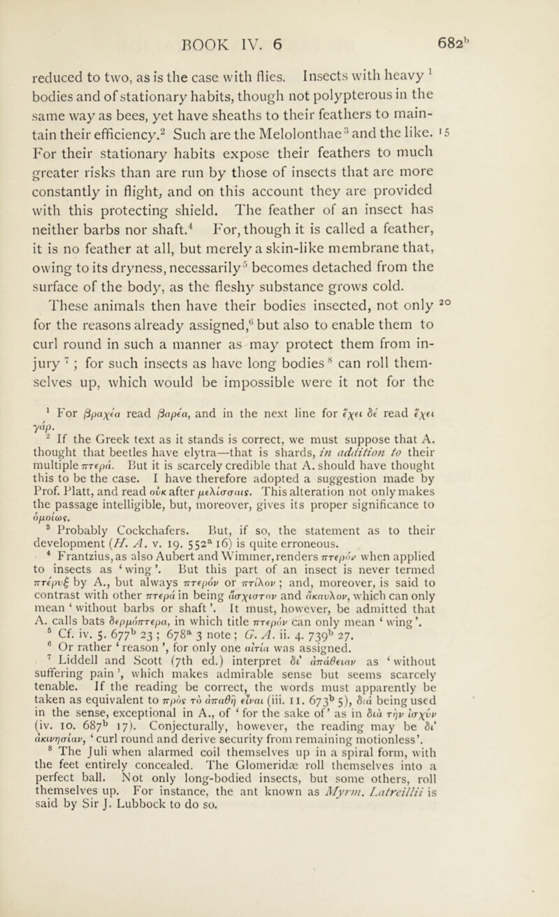reduced to two, as is the case vvith flies. Insects with heavy ^ bodies and of stationary habits, thoiigh not polypterous in the same way as bees, yet have sheaths to their feathers to main- tain their efficiency.^ Such are the Melolonthae ^ and the like. 15 For their stationary habits expose their feathers to much greater risks than are run by those of insects that are more constantly in flight, and on this account they are provided with this protecting shield. The feather of an insect has neither barbs nor sbaR.* For, thoiigh it is called a feather, it is no feather at ali, but merely a skin-like membrane that, owing to its dryness, necessarily^ becomes detached from the SLirface of the body, as the fleshy substance grows cold. These animals then have their bodies insected, not oniy for the reasons already assigned,*^ but also to enable them to curi round in such a manner as may protect them from in- jury ; for such insects as have long bodies® can roll them- selves up, which would be impossible were it not for the ^ For read (Sopta, and in the next line for read ex^t- ydp. If the Greek text as it stands is correct, vve must suppose that A. thought that beetles have elytra—that is shards, iii addition to their multiple TTTepd. But it is scarcely credible that A. should have thought this to be the case. I have therefore adopted a suggestion made by Prof. Platt, and read oIk after peXiacdis. This alteration not only makes the passage intelligible, but, moreover, gives its proper significance to O/HOtCOf. ® Probably Cockchafers. But, if so, the statement as to their development (//. A. v. 19. 552' 16) is quite erroneous. * Frantzius,as also Aubert and Wimmer,renders nvepoi^ when applied to insects as ‘ wing ’. But this part of an insect is never termed TTTepv^ by A., but always impov or nTtkov ; and, moreover, is said to contrast with other irrepa in being d(Txt-(JTov and aKnvXov, which can only mean ‘ withoLit barbs or shaft’. It must, however, be admitted that A. calls bats 8(ppdnTepa, in which title nrfpnv can only mean ‘ wing’. ® Cf. iv. 5. 677^ 23 ; 678^ 3 note; G. A. ii. 4. 739^ 27. ” Or rather ‘ reason ’, for only one ama was assigned. Liddell and .Scott (yth ed.) interpret bC (mdOaav as ‘ without suffering pain which makes admirable sense but seems scarcely tenable. If the reading be correct, the words must apparently be taken as equivalent to irpu^ to uTraOtj Apoi (iii. ii. 673^ 5), bid being uscd in the sense, exceptional in A., of ‘ for the sake of ’ as in bui tijv l(rxvi> (iv. 10. 687^ 17). Conjecturally, however, the reading may be 61’ aKivrjalav, ‘ curl round and derive security from remaining motionless’. ® The Juli when alarmed coii themselves up in a spiral form, with the feet entirely concealed. The Glomeridae roll themselves into a perfect ball. Not only long-bodied insects, but some others, roll themselves up. For instance, the ant known as Myr»i. La/reillii is said by Sir J. Lubbock to do so.