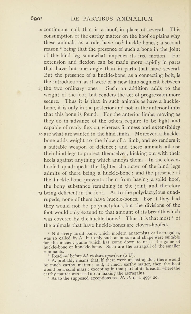 10 continuous nail, that is a hoof, in place of several. This consumption of the earthy matter on the hoof explains why these animals, as a rule, have no ^ huckle-bones ; a second reason ^ being that the presence of such a bone in the joint of the hind leg somewhat impedes its free motion. For extension and flexion can be made more rapidly in parts that have but one angle than in parts that have several. But the presence of a huckle-bone, as a connecting bolt, is the introduction as it were of a new limb-segment betvveen 15 the two ordinary ones. Such an addition adds to the weight of the foot, but renders the act of progression more secure. Thus it is that in such animals as have a huckle- bone, it is only in the posterior and not in the anterior limbs that this bone is found. For the anterior limbs, moving as they do in advance of the others, require to be light and capable of ready flexion, whereas firmness and extensibility 20 are what are wanted in the hind limbs. Moreover, a huckle- bone adds weight to the blow of a limb, and so renders it a suitable weapon of defence ; and these animals all use their hind legs to protect themselves, kicking out with their heels against anything which annoys them. In the cloven- hoofed quadrupeds the lighter character of the hind legs admits of there being a huckle-bone; and the presence of the huckle-bone prevents them from having a solid hoof, the bony substance remaining in the joint, and therefore 25 being deficient in the foot. As to the polydactylous quad- rupeds, none of them have huckle-bones. For if they had they would not be polydactylous, but the divisions of the foot would only extend to that amount of its breadth which was covered by the huckle-bone.^ Thus it is that most ^ of the animals that have huckle-bones are cloven-hoofed. ^ Not every tarsal bone, which modern anatomists call astragalus, was so called by A., but only such as in size and shape were suitable for the ancient game which has come down to us as the game of huckle-bone or knuckle-bone. Such are the astragali of the smaller ruminants. 2 Read kiu before Sta t6 dvaKivT]TOTipav (S U). A. probably means that, if there were an astragalus, there would be much earthy matter; and, if much earthy matter, then the hoof would be a solid mass ; excepting in that part of its breadth wherethe earthy matter was used up in making the astragalus.