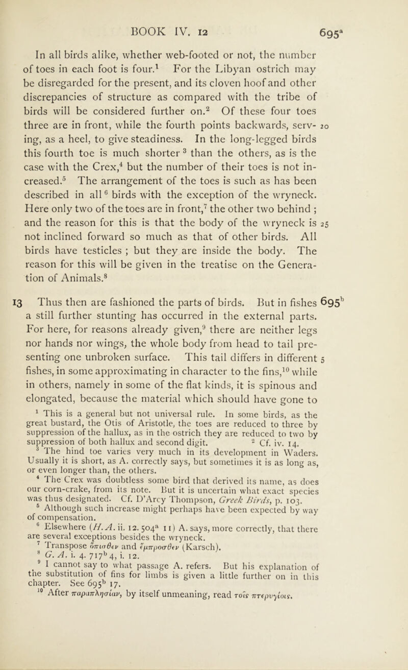 In ali birds alike, whether web-footed or not, the niimber of toes in each foot is fourd For the Libyan ostrich may be disregarded for the present, and its cloven hoof and other discrepancies of structure as compared with the tribe of birds will be considered further on.^ Of these four toes three are in front, while the fourth points backwards, serv- 20 ing, as a heel, to give steadiness. In the long-legged birds this fourth toe is much shorter ^ than the others, as is the case with the Crex,^ but the number of their toes is not in- creased.^ The arrangement of the toes is such as has been described in all^ birds with the exception of the wryneck. Here only two of the toes are in front,the other two behind ; and the reason for this is that the body of the wryneck is 25 not inclined forward so much as that of other birds. AU birds have testicles ; but they are inside the body. The reason for this will be given in the treatise on the Genera- tion of Animals.^ 13 Thus then are fashioned the parts of birds. But in flshes 695^ a stili further stunting has occurred in the external parts. For here, for reasons already given,^ there are neither legs nor hands nor wings, the whole body from head to tail pre- senting one unbroken surface. This tail differs in different 5 fishes, in some approximating in character to the fins,^® while in others, namely in some of the flat kinds, it is spinous and elongated, because the material which should have gone to ^ This is a general but not universal rule. In some birds, as the great bustard, the Otis of Aristotle, the toes are reduced to three by suppression of the hallux, as in the ostrich they are reduced to two by suppression of both hallux and second digit. - Cf. iv. 14. ^ The hind toe varies very much in its development in Waders. UsLially it is short, as A. correctly says, but sometimes it is as long as, or even longer than, the others. * The Crex was doubtless some bird that derived its name, as does our corn-crake, from its note. But it is uncertain what cxact species was thus designated. Cf. D’Arcy Thompson, Gree/c Binis, p. 103. ® Although such increase might perhaps have been expected by way of compensation. ® Elsewhere {H.A. ii. 12. 504'^ ii) A. says, more correctly, that there are several exceptions besides the wryneck. ^ Transpose o-niaBiv and (^nvpoaBfv (Karsch). ** G. A. i. 4. 717^^4, i. 12. ^ ® I cannot say to what passage A. refers. But his explanation of the substitution of fins for limbs is given a little further on in this chapter. See 695^ 17. After napanXqaiau, by itself unmeaning, read toIs TTTfpvyiois.