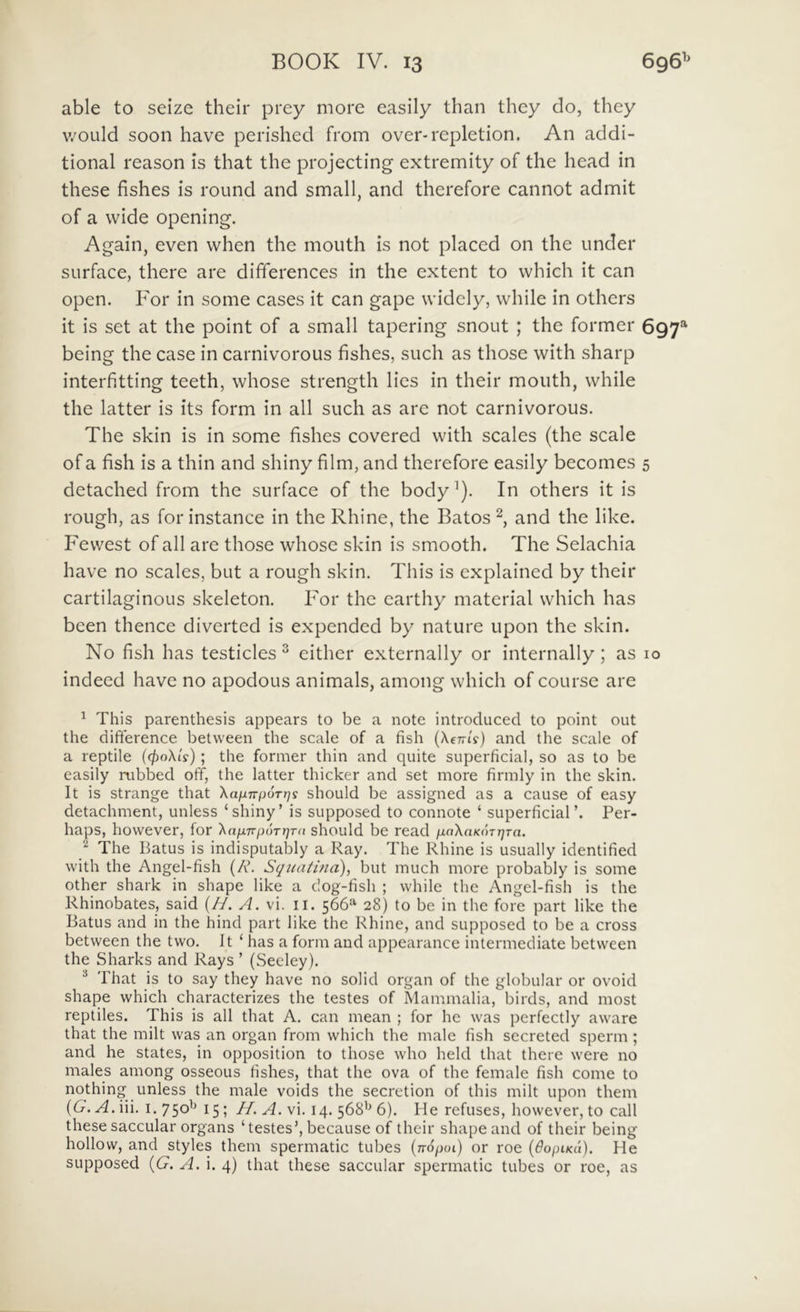 able to seize their prey more easily than they do, they v/ould soon have perished from over-repletion. An addi- tional reason is that the projecting extremity of the head in these fishes is round and small, and therefore cannot admit of a vvide opening. Again, even when the mouth is not placed on the under sLirface, there are differences in the extent to which it can open. For in some cases it can gape widely, while in othcrs it is set at the point of a small tapering snout ; the former 6( being the case in carnivorous fishes, such as those with sharp interfitting teeth, whose strength lies in their mouth, while the latter is its form in ali such as are not carnivorous. The skin is in some fishes covered with scales (the scale ofa fish is a thin and shiny film, and therefore easily becomes 5 detached from the surface of the body’). In others it is rough, as for instance in the Rhine, the Batos and the like. Fevvest of ali are those whose skin is smooth. The Selachia have no scales, but a rough skin. This is explained by their cartilagineus skeleton. For the earthy material which has been thence diverted is expendcd by nature upon the skin. No fish has testicles ^ either externally or internally; as lo indeed have no apodous animals, among which of course are ^ This parenthesis appears to be a note introduced to point out the difterence betvveen the scale of a fish (AeTris) and the scale of a reptile (0oXif) ; the former thin and quite superficia!, so as to be easily rubbed off, the latter thicker and set more firmly in the skin. It is strange that Xa^n-puTi^s should be assigned as a cause of easy detachment, unless ‘shiny’ is supposed to connote ‘ superficial’. Per- haps, however, for XnixTrpiWi^Td should be read fiaXaKnTrjTa. ^ The Batus is indisputably a Ray. The Rhine is usually identified with the Angel-fish (A’. Sqiuitina), but much more probably is some other shark in shape like a clog-fish ; while the Angel-fish is the Rhinobates, said (//. A. vi. ii. 566^^ 28) to be in the fore part like the Batus and in the hind part like the Rhine, and supposed to be a cross between the two. It ‘ has a form and appearance intermediate betvveen the Sharks and Rays ’ (Secley). ^ That is to say they have no solid organ of the globular or ovoid shape which characterizes the testes of Mammalia, birds, and most reptiles. This is ali that A. can mean ; for he was perfectly aware that the milt was an organ from which the male fish secreted sperm ; and he States, in opposition to those who held that there were no males among osseous fishes, that the ova of the female fish come to nothing unless the male voids the secretion of this milt upon them {G. A.Vu, I. 750^ 15 ; //. A. vi. 14. 568^^ 6). He refuses, however, to call these saccular organs ‘testes’, because of their shape and of their being hollow, and styles them spermatic tubes [nopoi) or roe {6opiKa). He supposed {G. A. \. 4) that these saccular spermatic tubes or roe, as