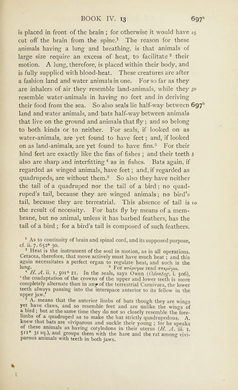 is placed in front of the brain ; for othervvise it would have 25 cut ofiT the brain from the spine.^ The reason for these animals having a lung and breathing, is that animals of large size require an excess of heat, to facilitate ^ their motion. A lung, therefore, is placed within their body, and is fully supplicd vvith blood-heat. These creatures are after a fashion land and water animals in one. Forso far as they are inhalers of air they resemble land-animals, while they 30 resemble watcr-animals in having no feet and in deriving their food from the sea. So also seals lie half-way between 697 land and water animals, and bats half-way between animals that live on the ground and animals that fly ; and so belong to both kinds or to neither. For seals, if looked on as water-animals, are yet found to have feet; and, if looked on as land-animals, are yet found to have fins.^ For their hind feet are exactly like the fins of fishes ; and their teeth 5 also are sharp and interfitting ^ as in fishes. Bats again, if regarded as winged animals, have feet; and, if regarded as quadrupeds, are without them.® So also they have neither the tail of a quadruped nor the tail of a bird ; no cjuad- ruped^s tail, because they are winged animals; no bird’s tail, because they are terrestrial. This absence of tail is 10 the resuit of necessity. For bats fly by means of a mem- brane, but no animal, unless it has barbed feathers, has the tail of a bird ; for a bird’s tail is composed of such feathers. * As to continuity of brain and spinal cord, and its supposed purpose, cf. ii. 7. 652^ 30. 2 Heat is the instrument of the soul in motion, as in all operations. Cetacea, therefore, that move actively must have much heat ; and this a^ain necessitates a perfect organ to regulate heat, and such is the ^ For irrepvyai read TTTepvym. * H, A. ii. I. 501^ 21. In the seals, says Owen {Odontog. i, 506), ‘ the coadaptation of the crowns of the upper and lower teeth is more completely alternate than in any of the terrestrial Carnivora, the lower teeth alvvays passing into the interspace anterior to its fellow in the upper jaw.’ ® A. means that the anterior limbs of bats though they are wings yet have claws, and so resemble feet and are unlike the wings of a. bird; but at thesame time they do not so closely resemble the fore- limbs of a quadruped as to make the bat strictly quadrupedous. A. knew that bats are viviparous and suckle their young ; for he speaks of these animals as having cotyledons in their uterus {H. A. iii. i. 511^ 3^ sq.), and groups them with the hare and the rat among vivi- parous animals with teeth in both jaws.