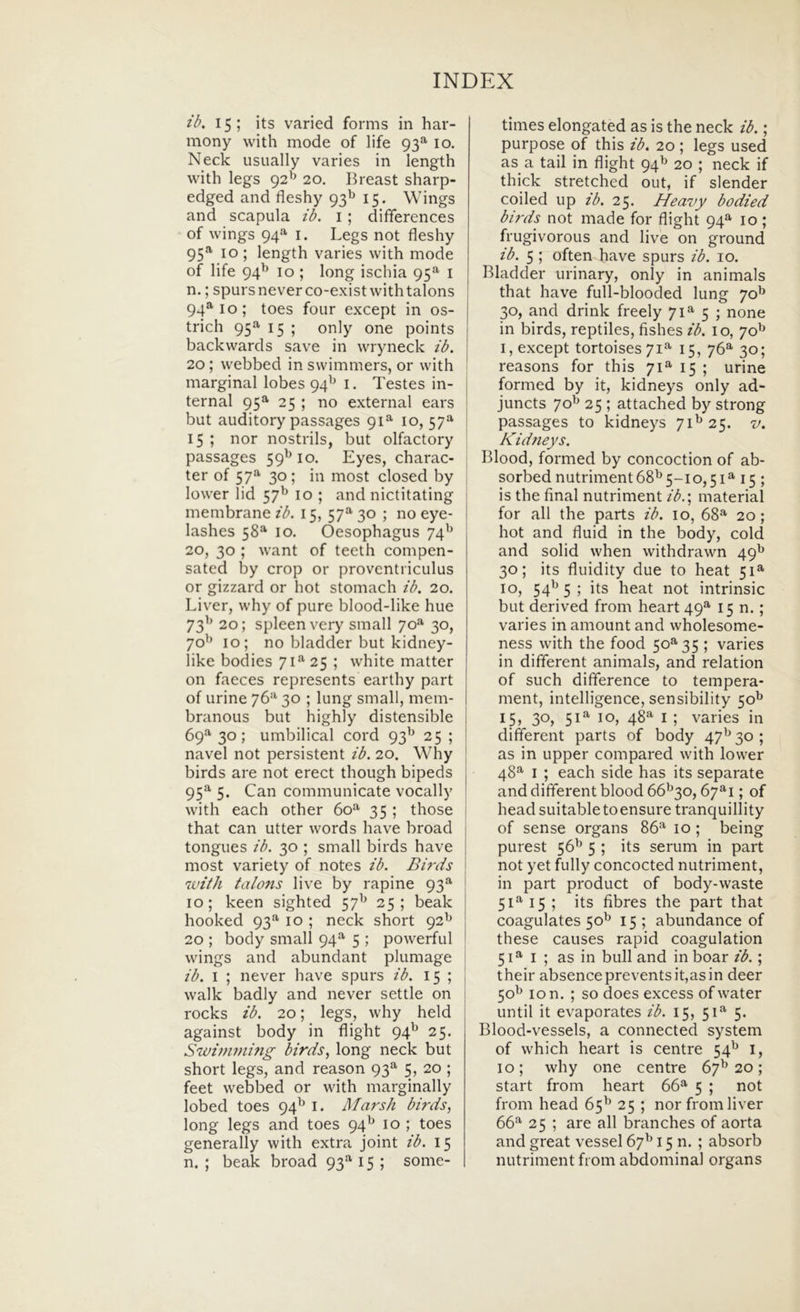 ib. 15; its varied forms in har- mony vvith mode of life 93**' 10. Neck iisiially varies in length with legs 92^^ 20. Breast sharp- edged and fleshy 93^ 15. Wings and scapula ib. i; differences of wings 94^ I. Legs not fleshy 95“' IO ; length varies with mode of life 94^^ IO ; long ischia 95^^ i n.; spurs never co-exist with talons 94^10; toes four except in os- trich 95^*’ 15 ; only one points backwards save in wryneck ib. ! 20 ; webbed in swimmers, or with ' marginal lobes 94^^ i. Testes in- j ternal 95^ 25 ; no external ears j but auditory passages 91^ 10, 57^^ j 15 ; nor nostrils, but olfactory ' passages 59^ 10. Eyes, charae- | ter of 57*^ 30 ; in most closed by lower lid 57^ 10 ; and nictitating membrane ib. 15, 57^ 30 ; no eye- lashes 58*^ 10. Oesophagus 74’^ 20, 30 ; want of teeth compen- sated by crop or provcntriculus or gizzard or hot stomach ib. 20. Liver, why of pure blood-like hue 73^’ 20; spleenvery small 70^ 30, 70'’ 10; no bladder but kidney- like bodies 71' 25 ; white matter on faeces represents earthy part of urine 76'*' 30 ; lung small, mem- branous but highly distensible 69^ 30; umbilical cord 93^ 25 ; navel not persistent ib. 20. Why birds are not erect though bipeds 95^ 5. Can communicate vocally with each other 60^ 35 ; those that can utter words have broad tongues ib. 30 ; small birds have most variety of notes ib. Birds with talons live by rapine 93^ 10; keen sighted 57’’ 25; beak hooked 93*^ 10 ; neck short 92^ 20 ; body small 94^ 5 ; powerful wings and abundant plumage i ib. I ; never have spurs ib. 15; j walk badly and never settle on rocks ib. 20; legs, why held against body in flight 94^ 25. Swimviing birds, long neck but short legs, and reason 93*^ 5, 20 ; feet webbed or with marginally lobed toes 94^ i. Marsh birds, long legs and toes 94^ 10 ; toes generally with extra joint ib. 15 n. ; beak broad 93''' 15 ; some- times elongated as is the neck ib.; purpose of this ib. 20 ; legs used as a tail in flight 94^ 20 ; neck if thick stretehed out, if slender coiled up ib. 25. Heavy bodied birds not made for flight 94^ 10 ; frugivoroLis and live on ground ib. 5 ; often have spurs ib. 10. Bladder urinary, only in animals that have full-blooded lung 70^ 30, and drink freely 71^ 5 ; none in birds, reptiles, fishes ib. 10, 70^ I, except tortoises7i^ 15, 76^ 30; reasons for this 71^ 15 ; urine formed by it, kidneys only ad- junets 70’^ 25 ; attached by strong passages to kidneys 7D25. v. Kidneys. Blood, formed by concoction of ab- sorbed nutriment68^5-io,5i^ 15; is the final nutriment ib.', material for all the parts ib. 10, 68*'*' 20; hot and fluid in the body, cold and solid when withdrawn 49^ 30; its fluidity due to heat 51^ IO, 54^ 5 ; its heat not intrinsic but derived from heart 49^ 15 n.; varies in amount and wholesome- ness with the food 50^35 ; varies in different animals, and relation of such difference to tempera- ment, intelligence, sensibility 50^ 15» 30» 51^ 48^ I ) varies in different parts of body 47^30; as in upper compared with lower 48^ I ; each side has its separate and different blood 66^30,67^1; of headsuitabletoensure tranquillity of sense organs 86^ 10 ; being purest 56'’ 5 ; its serum in part not yet fully concocted nutriment, in part product of body-waste 51^ 15 ; its fibres the part that coagulates 50^ 15 ; abundance of these causes rapid coagulation 51*1; as in bull and in boar ib.; their absencepreventsit,asin deer 50^ lon. ; so does excess of water until it evaporates ib. 15, 51®' 5. Blood-vessels, a connected system of which heart is centre 54^ i, 10; why one centre 67^20; start from heart 66^ 5 ; not from head 65^ 25 ; nor from liver 66^ 25 ; are all branches of aorta and great vessel 67^ 15«.; absorb nutriment from abdominal organs