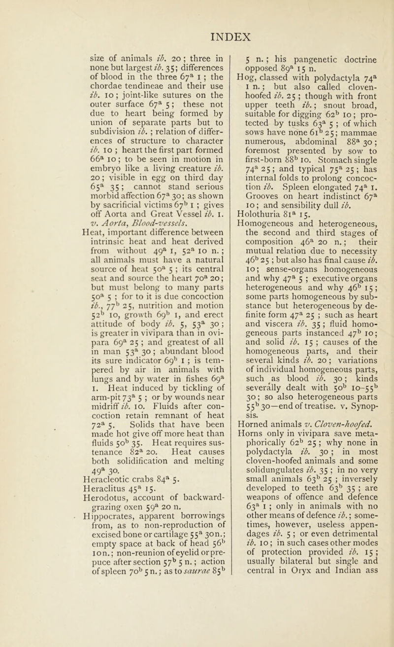 size of animals ib. 20 ; three in none but largest ib. 3 5; dififerences of blood in the three 67* i ; the chordae tendineae and their use ib. IO; joint-like sutures on the outer surface 67^ 5; these not due to heart being formed by Union of separate parts but to subdivision ib. ; relation of differ- ences of structure to character ib. IO ; heart the first part formed 66^ IO; to be seen in motion in embryo like a living creature ib. 20; visible in egg on third day 65^ 35; cannot stand serious morbid affection 67^ 30; as shown by sacrificial victims 67^ i ; gives ofif Aorta and Great Vessel ib. i. V. Aorta, Blood-vessels. Heat, important difiference between intrinsic heat and heat derived from without 49”’ l, 52* 10 n. ; all animals must have a natural source of heat 50”’ 5 ; its Central seat and source the heart 70®' 20; but must belong to many parts 50^ 5 ; for to it is due concoction ib., 77'^ 25, nutrition and motion 52'^ IO, growth 69^^ I, and erect attitude of body ib. 5, 53“' 30 ; is greater in vivipara than in ovi- para 69*^ 25 ; and greatest of all in man 53^ 30 ; abundant blood its sure indicator 69’’ i ; is tem- pered by air in animals with lungs and by water in fishes 69^ I. Heat induced by tickling of arm-pit 73^ 5 ; or by wounds near midrifif ib. 10. P^luids after con- coction retain remnant of heat 72^ 5. Solids that have been made hot give off more heat than fluids 50^ 35. Heat requires sus- tenance 82*^ 20. Heat causes both solidification and melting 49» 30. Heracleotic crabs 84» 5. Heraclitus 45» 15. Herodotus, account of backward- grazing oxen 59» 20 n. Hippocrates, apparent borrovvings from, as to non-reproduction of excised bone orcartilage 55» 3on,; empty space at back of head 56^ lon.; non-reunion ofeyelid orpre- puce after section 57^ 5 n.; action of spleen 70^^ 50.; as to satirae 85^ 5 n. ; his pangenetic doctrine opposed 89» 15 n. Hog, classed with polydactyla 74» I n.; but also called cloven- hoofed ib. 25 ; though with front Lipper teeth ib.; snout broad, suitable for digging 62^ 10 ; pro- tected by tusks 63» 5 ; of which sows have n^ne 61^ 25; mammae numerous, abdominal 88» 30; foremost presented by sow to first-born 88^ IO. Stomach single 74» 25; and typical 75» 25 ; has internal folds to prolong concoc- tion ib. Spleen elongated 74» i. Grooves on heart indistinct 67» 10; and sensibility dull ib. Holothuria 81» 15. Homogeneous and heterogeneous, the second and third stages of composition 46» 20 n.; their mutual relation due to necessity 46^^ 25 ; but also has final cause ib. 10; sense-organs homogeneous and why 47» 5 ; executive organs heterogeneous and why 46^ 15 ; some parts homogeneous by sub- stance but heterogeneous by de- finite form 47» 25 ; such as heart and viscera ib. 35; fluid homo- geneous parts instanced 47^ 10; and solid ib. 15 ; causes of the homogeneous parts, and their several kinds ib. 20 ; variations of individual homogeneous parts, such as blood ib. 30; kinds severally dealt with 50^ 10-55^ 30; so also heterogeneous parts 55^ 30—end of treatise. v. Synop- sis. Horned animals v. Cloven-hoofed. Horns only in vivipara save meta- phorically 62^ 25 ; why none in polydactyla ib. 30 ; in most cloven-hoofed animals and some solidungulates ib. 35 ; in no very small animals 63^ 25 ; inversely developed to teeth 63^^ 35 ; are weapons of ofifence and defence 63» I ; only in animals with no other means of defence ib.; some- times, however, useless appen- dages ib. 5 ; or even detrimental ib. 10; in such cases other modes of protection provided ib. 15 ; usLially bilateral but single and Central in Oryx and Indian ass