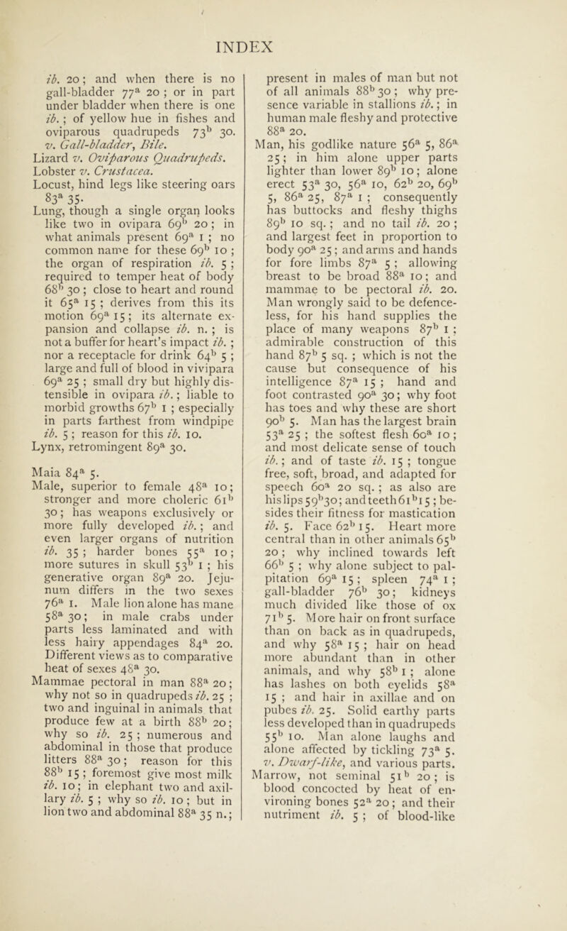 ib. 20; and when there is no gall-bladder 77^ 20 ; or in pait under bladder when there is one ib.; of yellow hue in fishes and oviparous quadrupeds 73^^ 30. V. Gall-bladder^ Bile. Lizard v. Oviparous Quadrupeds. Lobster v. Crustacea. Locust, hind legs like steering oars 83^ 35- Lung, though a single organ looks like two in ovipara 69'’ 20 ; in what animals present 69*'^ i ; no common nam e for these 69^ 10 ; the organ of respiration ib. 5 ; required to temper heat of body 68’’ 30 ; close to heart and round it 65^ 15 ; derives from this its motion 69®'15; its alternate ex- pansion and collapse ib. n. ; is nota bufiferfor heart’s impact ib. ; nor a receptacle for drink 64’’ 5 ; large and full of blood in vivipara 69^ 25 ; small dry but highly dis- tensible in ovipara ib.; liable to morbid growths 67’’ l ; especially in parts farthest from windpipe ib. 5 ; reason for this ib. 10. Lynx, retromingent 89^ 30. Maia 84^ 5. Male, superior to female 48^ 10; stronger and more choleric 61’’ 30; has vveapons exclusively or more fully developed ib.; and even larger organs of nutrition 35; harder bones 55^ 10; more sutures in skull 53’’ i ; his generative organ 89^ 20. Jeju- num differs in the two sexes 76^ I. Male lion alone has mane 58^ 30; in male crabs under parts less laminated and with less haiiy appendages 84^^ 20. Different views as to comparative heat of sexes 48^ 30. Mammae pectoral in man 88^ 20; why not so in quadrupeds ib. 25 ; two and inguinal in animals that produce few at a birth 88’’ 20; why so ib. 25 ; numerous and abdominal in those that produce litters 88^ 30; reason for this 88’’ 15 ; foremost give most milk ib. 10; in elephant two and axil- lary ib. 5 ; why so ib. 10 ; but in present in males of man but not of all animals 88’’30; why pre- sence variable in stallions ib.; in human male fleshy and protective 88^ 20. Man, his godlike nature 56*’' 5, 86'’' 25; in him alone upper parts lighter than lower 89’’ 10; alone erect 53'’ 30, 56'’ 10, 62’’ 20, 69’’ 5, 86'’ 25, 87^ I ; consequently has buttocks and fleshy thighs 89’’ IO sq. ; and no tail ib. 20 ; and largest feet in proportion to body 90'’ 25 ; and arms and hands for fore limbs 87'’ 5 ; allovving breast to be broad 88'’ 10; and mammae to be pectoral ib. 20. Man wrongly said to be defence- less, for his hand supplies the place of many weapons 87’’ l ; admirable construction of this hand 87’’ 5 sq. ; which is not the cause but consequence of his intelligence 87'’ 15 ; hand and foot contrasted 90'’ 30; why foot has toes and why these are short 90’’ 5. Man has the largest brain 53'’ 25 ; the softest flesh 60'’ 10 ; and most delicate sense of touch ib.; and of taste ib. 15 ; tongue free, soft, broad, and adapted for speech 60'’ 20 sq. ; as also are hislips59’’3o; andteeth6i’’i 5 ; be- sides their fitncss for mastication ib. Face 62’’15. Heart more Central than in other animals 65’’ 20; why inclined towards left 66’’ 5 ; why alone subject to pal- pitation 69'’ 15 ; spleen 74'’ i ; gall-bladder 76’’ 30; kidneys much divided like those of ox 71’’ 5. More hair on front surface than on back as in quadrupeds, and why 58'’ 15 ; hair on head more abundant than in other animals, and why 58’’ i ; alone has lashes on both eyelids 58” 15 ; and hair in axillae and on pubes ib. 25. Solid earthy parts less developed than in quadrupeds 55’’ IO. Man alone laughs and alone affected by tickling 73'’ 5. V. Du<a?-/-like, and various parts. Marrow, not seminal 51’’ 20; is blood concocted by heat of en- vironing bones 52'’ 20 ; and their