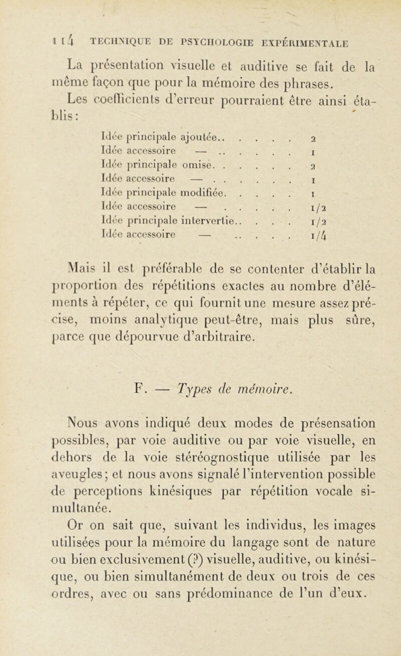 La présentation visuelle et auditive se fait de la même façon que pour la mémoire des phrases. Les coefficients d’erreur pourraient être ainsi éta- blis: Idée principale ajoutée 2 Idée accessoire — i Idée principale omise 2 Idée accessoire — 1 Idée principale modifiée 1 Idée accessoire — 1/2 Idée principale intervertie 1/2 Idée accessoire — i/4 Mais il est préférable de se contenter d’établir la proportion des répétitions exactes au nombre d’élé- ments à répéter, ce qui fournit une mesure assez pré- cise, moins analytique peut-être, mais plus sûre, parce que dépourvue d’arbitraire. F. — Types de mémoire. Nous avons indiqué deux modes de présensation possibles, par voie auditive ou par voie visuelle, en dehors de la voie stéréognostique utilisée par les aveugles; et nous avons signalé l’intervention possible de perceptions kinésiques par répétition vocale si- multanée. Or on sait que, suivant les individus, les images utilisées pour la mémoire du langage sont de nature ou bien exclusivement (?) visuelle, auditive, ou kinési- que, ou bien simultanément de deux ou trois de ces ordres, avec ou sans prédominance de l’un d’eux.