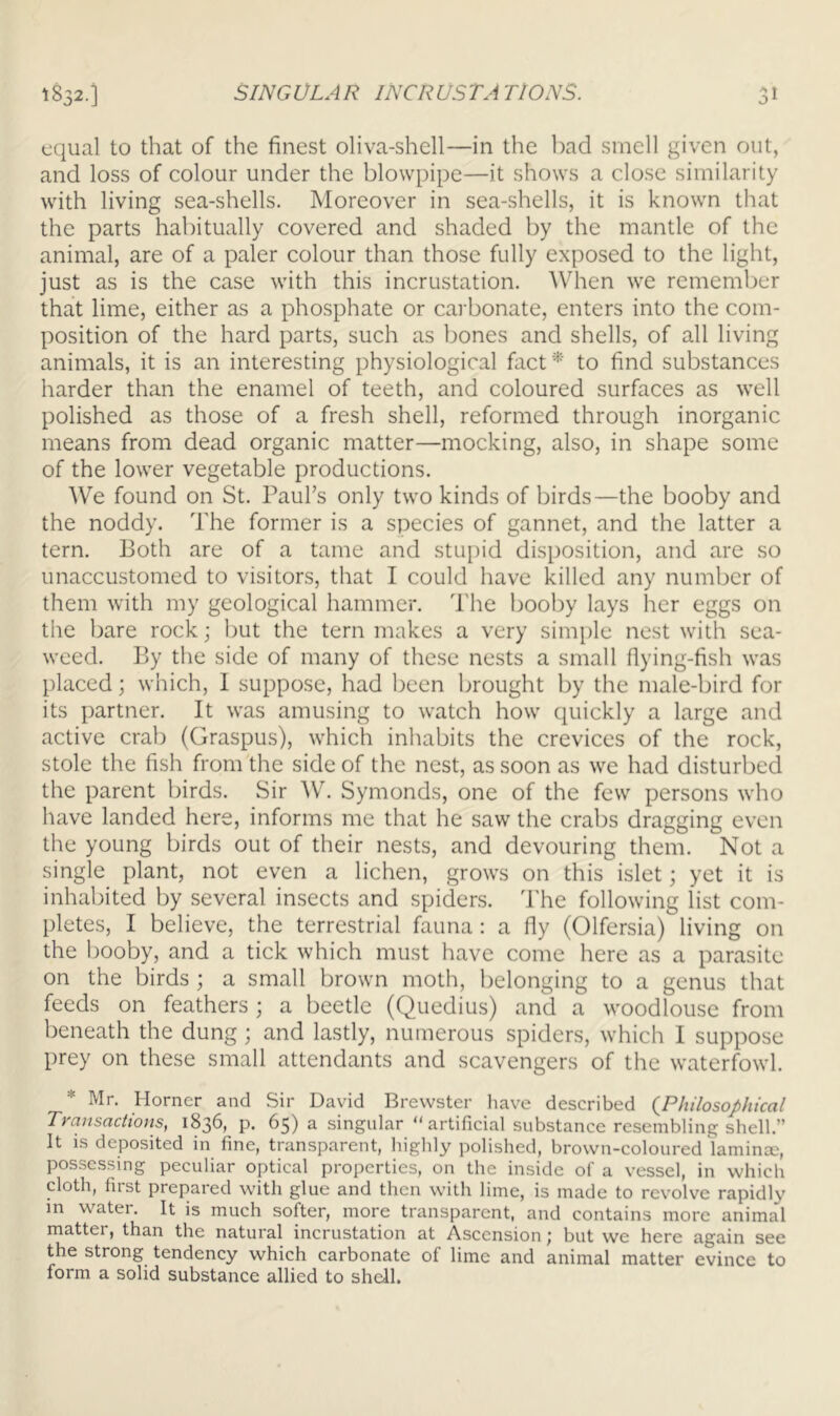 SING OLA R INCR US TA TlONS. 1832.] equal to that of the finest oliva-shell—in the bad smell given out, and loss of colour under the blowpipe—it shows a close similarity with living sea-shells. Moreover in sea-shells, it is known that the parts habitually covered and shaded by the mantle of the animal, are of a paler colour than those fully exposed to the light, just as is the case with this incrustation. When we remember that lime, either as a phosphate or cai bonate, enters into the com- position of the hard parts, such as bones and shells, of all living animals, it is an interesting physiological fact * to find substances harder than the enamel of teeth, and coloured surfaces as well polished as those of a fresh shell, reformed through inorganic means from dead organic matter—mocking, also, in shape some of the lower vegetable productions. We found on St. Paul’s only two kinds of birds—the booby and the noddy. The former is a species of gannet, and the latter a tern. Both are of a tame and stupid disposition, and are so unaccustomed to visitors, that I could have killed any number of them with my geological hammer, d'he booby lays her eggs on the bare rockj but the tern makes a very simple nest with sea- weed. By the side of many of these nests a small fiying-fish was placed; which, 1 suppose, had been brought by the male-bird for its partner. It was amusing to watch how quickly a large and active crab (Graspus), which inhabits the crevices of the rock, stole the fish from the side of the nest, as soon as we had disturbed the parent birds. Sir W. Symonds, one of the few persons who have landed here, informs me that he saw the crabs dragging even the young birds out of their nests, and devouring them. Not a single plant, not even a lichen, grows on this islet; yet it is inhabited by several insects and spiders, d'he following list com- pletes, I believe, the terrestrial fauna: a fly (Olfersia) living on the booby, and a tick which must have come here as a parasite on the birds ; a small brown moth, belonging to a genus that feeds on feathers ; a beetle (Quedius) and a woodlouse from beneath the dung; and lastly, numerous spiders, which I suppose prey on these small attendants and scavengers of the waterfowl. * Mr. Horner and Sir David Brewster have described {Philosophical Transactions, 1836, p. 65) a singular “artificial substance resembling shell.” It is deposited in fine, transparent, highly polished, brown-coloured lamina?, possessing peculiar optical properties, on the inside of a vessel, in which cloth, first prepared with glue and then with lime, is made to revolve rapidly in water. It is much softer, more transparent, and contains more animal matter, than the natural incrustation at Ascension; but we here again see the strong tendency which carbonate of lime and animal matter evince to form a solid substance allied to shell.
