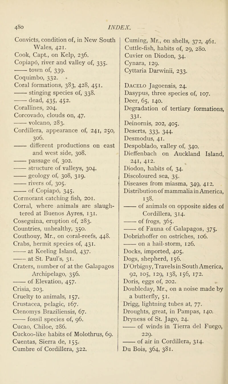 Convicts, condition of, in New South Wales, 421. Cook, Capt., on Kelp, 236. Copiapo, river and valley of, 335. town of, 339. Coquimbo, 332. Coral formations, 383, 428, 451. stinging species of, 338. dead, 435, 452. Corallines, 204. Corcovado, clouds on, 47. volcano, 283. Cordillera, appearance of, 241, 250, 306. different productions on east and west side, 308. passage of, 302. structure of valleys, 304. geology of, 308, 319. rivers of, 305. of Copiapo, 345. Cormorant catching fish, 201. Corral, where animals are slaugh- tered at Buenos Ayres, 131. Coseguina, eruption of, 283. Countries, unhealthy, 350. Couthouy, Mr., on coral-reefs, 448. Crabs, hermit species of, 431. ■ at Keeling Island, 437. at St. Paul’s, 31. Craters, number of at the Galapagos Archipelago, 356. of Elevation, 457. Crisia, 203. Cruelty to animals, 157. Crustacea, pelagic, 167. Ctenomys Braziliensis, 67. fossil species of, 96. Cucao, Chiloe, 286. Cuckoo-like habits of Molothrus, 69. Cuentas, Sierra de, 155. Cumbre of Cordillera, 322. Cuming, Mr., on shells, 372, 461. Cuttle-fish, habits of, 29, 280. Cuvier on Diodon, 34. Cynara, 129. Cyttaria Darwinii, 233. Dacelo Jagoensis, 24. Dasypus, three species of, 107. Deer, 65, 140. Degradation of tertiary formations, 331- Deinornis, 202, 405. Deserts, 333, 344. Desmodus, 41. Despoblado, valley of, 340, Dieffenbach on Auckland Island, 241, 412. Diodon, habits of, 34. Discoloured sea, 35. Diseases from miasma, 349, 412. Distribution of mammalia in America, 138. of animals on opposite sides of Cordillera, 314. of frogs, 365. of Fauna of Galapagos, 375. Dobrizhoffer on ostriches, 106. on a hail-storm, 126. Docks, imported, 405. Dogs, shepherd, 156. D’Orbigny, Travels in South America, 92, 105, 129, 138, 156, 172. Doris, eggs of, 202. Doubleday, Mr., on a noise made by a butterfly, 51. Drigg, lightning tubes at, 77. Droughts, great, in Pampas, 140. Dryness of St. Jago, 24. of winds in Tierra del Fuego, 229. of air in Cordillera, 314. Du Bois, 364, 381.