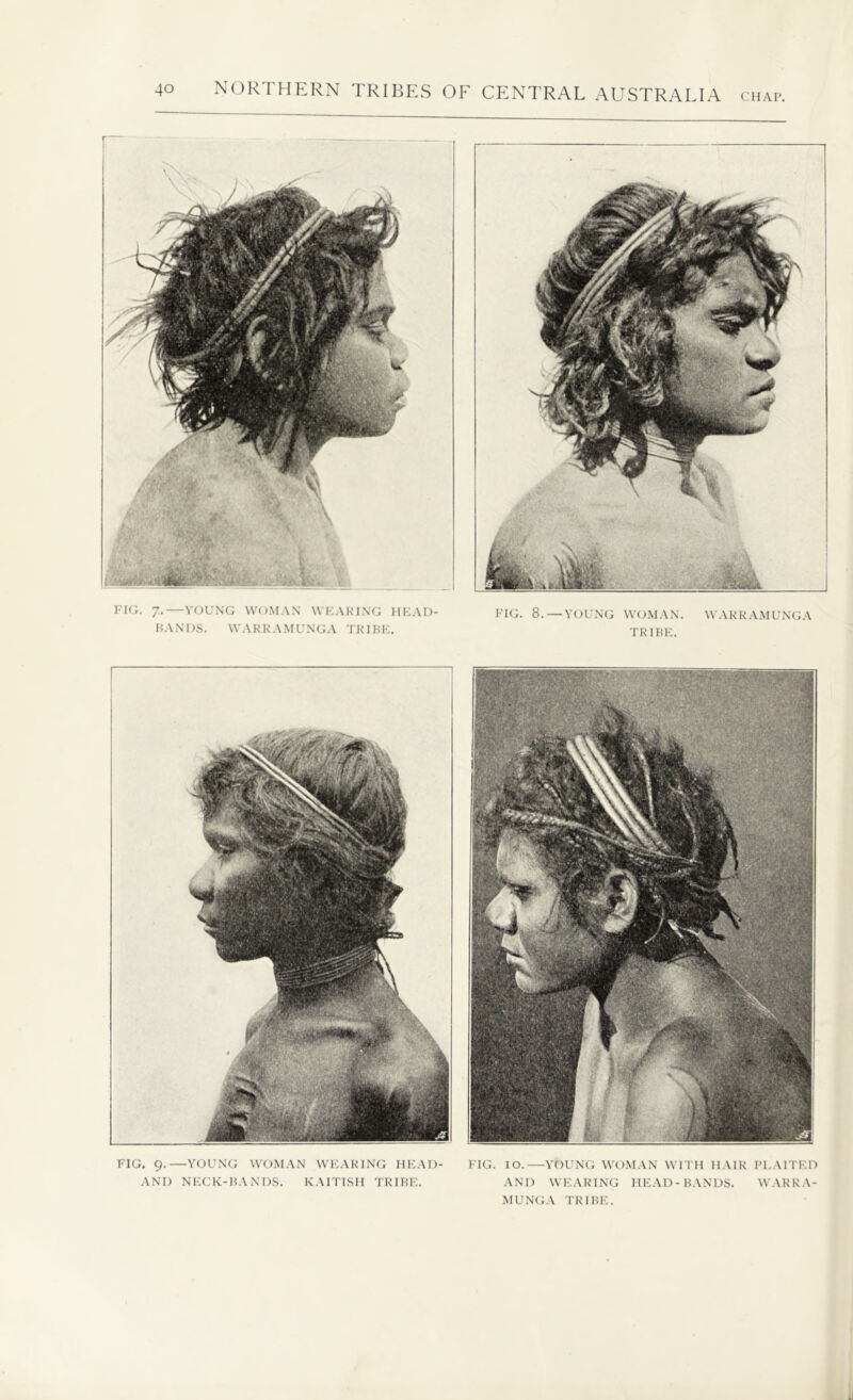 CHAF I IG. 7. YOUNG WOMAN WHARING HEAD- FIG. 8.—YOUNG WOMAN. WARRAMUNGA BANDS. WARRAMUNGA TRIBE. TRIBE. FIG. 9.—YOUNG WOMAN WEARING HEAD- AND NECK-BANDS. KAITISH TRIBE. FIG. IO.—YOUNG WOMAN WITH HAIR PLAITED AND WEARING HEAD-BANDS. WARRA- MUNGA TRIBE.
