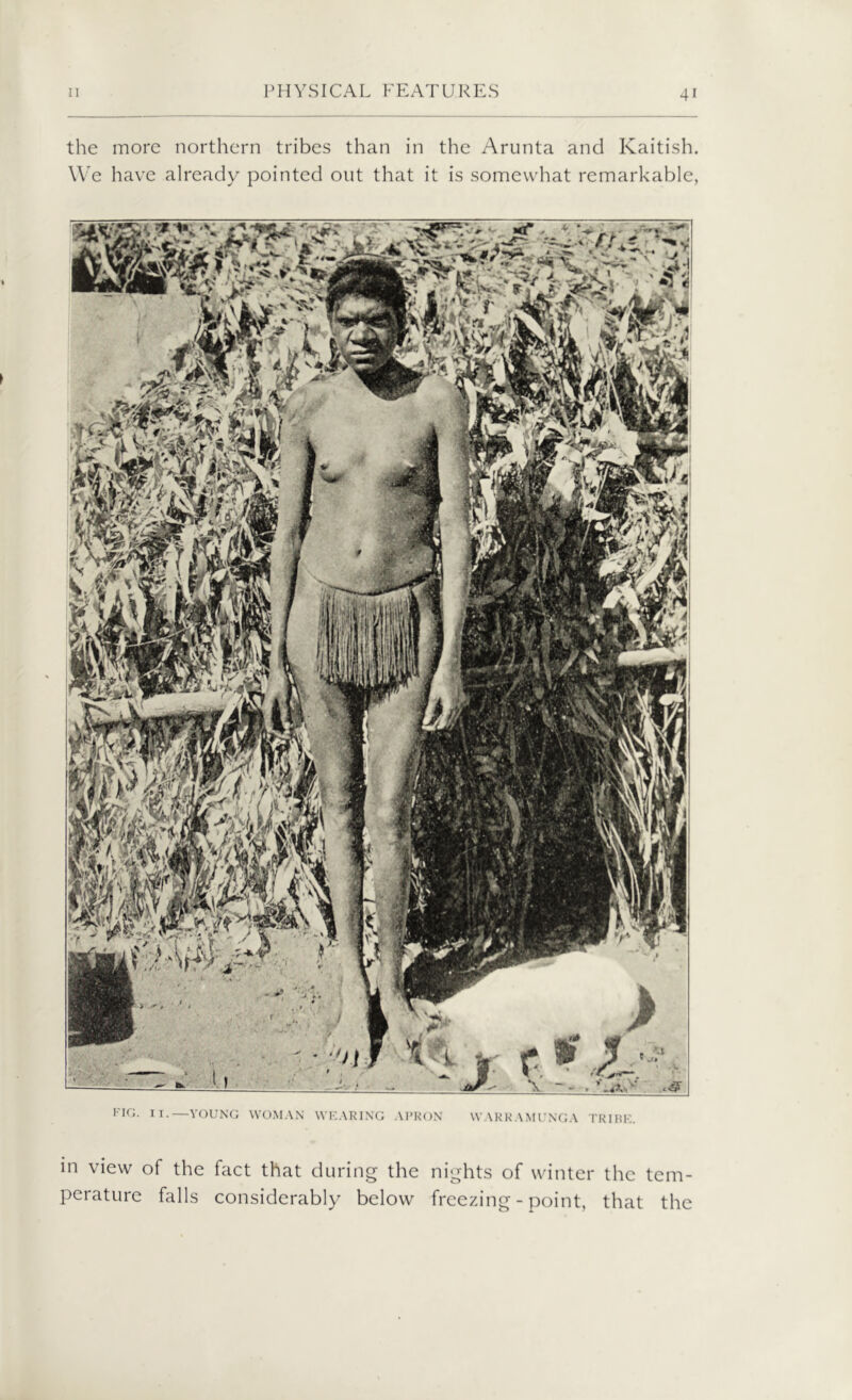 the more northern tribes than in the Arunta and Kaitish. We have already pointed out that it is somewhat remarkable, FIG. II.—YOUNG WOMAN WEARING APRON WARRAMUNCA TRIBE. in view of the fact that during the nights of winter the tem- perature falls considerably below freezing-point, that the