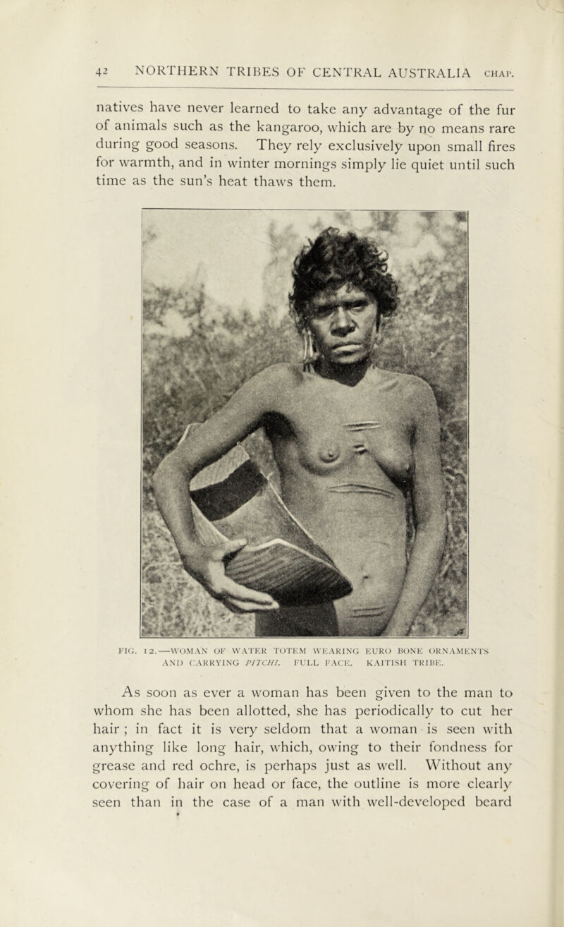 natives have never learned to take any advantage of the fur of animals such as the kangaroo, which are by no means rare during good seasons. They rely exclusively upon small fires for warmth, and in winter mornings simply lie quiet until such time as the sun’s heat thaws them. FIG. 12.—WOMAN OF WATER TOTEM WEARING EURO BONE ORNAMENTS AND CARRYING PITCH/. FULL FACE. KAITISH TRIBE. As soon as ever a woman has been given to the man to whom she has been allotted, she has periodically to cut her hair ; in fact it is very seldom that a woman is seen with anything like long hair, which, owing to their fondness for grease and red ochre, is perhaps just as well. Without any covering of hair on head or face, the outline is more clearly seen than in the case of a man with well-developed beard