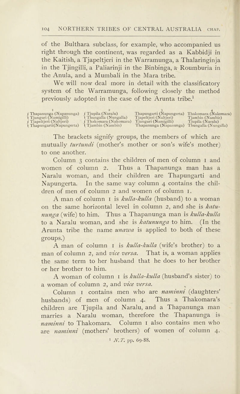 of the Bukhara subclass, for example, who accompanied us right through the continent, was regarded as a Kabbidji in the Kaitish, a Tjapeltjeri in the Warramunga, a Thalaringinja in the Tjingilli, a Paliarinji in the Binbinga, a Roumburia in the Anula, and a Mumbali in the Mara tribe. We will now deal more in detail with the classificatory system of the Warramunga, following closely the method previously adopted in the case of the Arunta tribe.1 1 . . 2 .3 4 I Thapanunga (Napanunga) / Tjupila (Naralu) Thapungarti (Napungerta) Thakomara (Nakomara) \ Tjunguri (Namigilli) (Thungalla (Nungalla) Tjapeltjeri (Naltjeri) Tjambin (Nambin) j Tjapeltjeri (Naltjeri) J Thakomara (Nakomara) Tjunguri (Namigilli) Tjupila (Naralu) { Thapungarti(Napungerta) (Tjambin (Nambin) Thapanunga (Napanunga) Thungalla (Nungalla) The brackets signify groups, the members of which are mutually turtundi (mother’s mother or son’s wife’s mother) to one another. Column 3 contains the children of men of column I and women of column 2. Thus a Thapanunga man has a Naralu woman, and their children are Thapungarti and Napungerta. In the same way column 4 contains the chil- dren of men of column 2 and women of column 1. A man of column 1 is kulla-kulla (husband) to a woman on the same horizontal level in column 2, and she is katu- nunga (wife) to him. Thus a Thapanunga man is kulla-kulla to a Naralu woman, and she is katununga to him. (In the Arunta tribe the name unawa is applied to both of these groups.) A man of column 1 is kulla-kulla (wife’s brother) to a man of column 2, and vice versa. That is, a woman applies the same term to her husband that he does to her brother or her brother to him. A woman of column 1 is kulla-kulla (husband’s sister) to a woman of column 2, and vice versa. Column 1 contains men who are naminni (daughters’ husbands) of men of column 4. Thus a Thakomara’s children are Tjupila and Naralu, and a Thapanunga man marries a Naralu woman, therefore the Thapanunga is naminni to Thakomara. Column 1 also contains men who are naminni (mothers’ brothers) of women of column 4. 1 N.T. pp. 69-88.