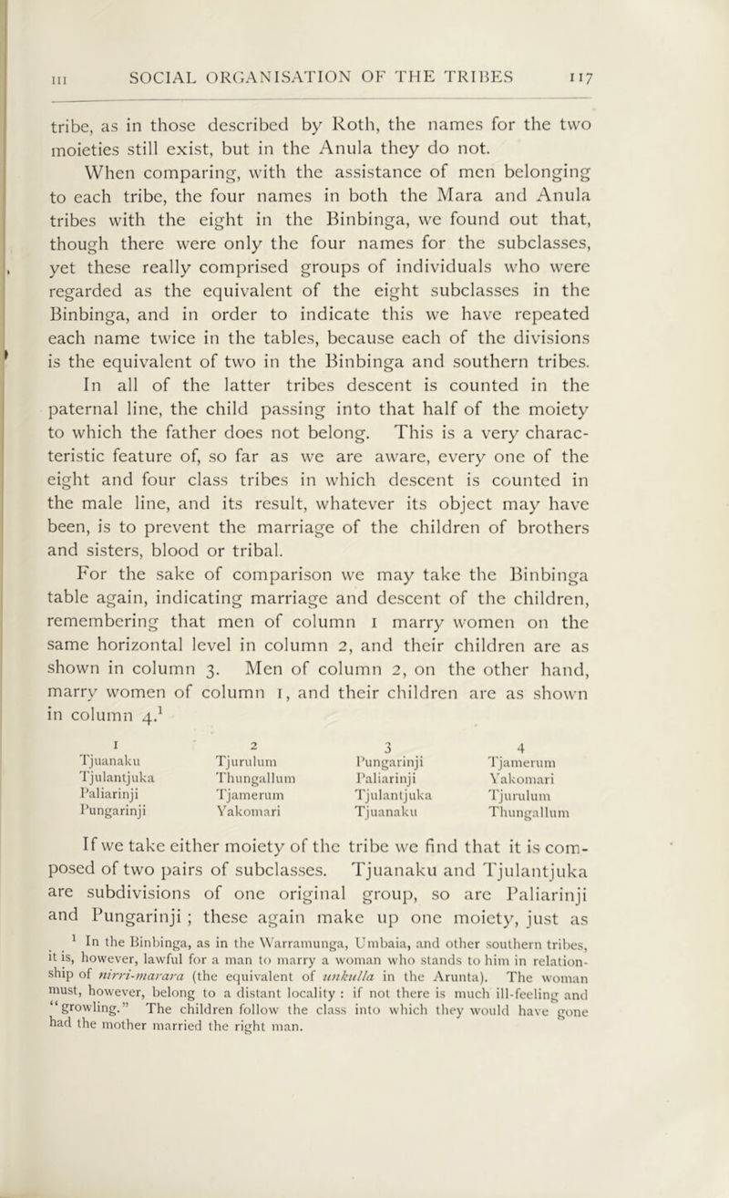 tribe, as in those described by Roth, the names for the two moieties still exist, but in the Anula they do not. When comparing, with the assistance of men belonging to each tribe, the four names in both the Mara and Anula tribes with the eight in the Binbinga, we found out that, though there were only the four names for the subclasses, yet these really comprised groups of individuals who were regarded as the equivalent of the eight subclasses in the Binbinga, and in order to indicate this we have repeated each name twice in the tables, because each of the divisions is the equivalent of two in the Binbinga and southern tribes. In all of the latter tribes descent is counted in the paternal line, the child passing into that half of the moiety to which the father does not belong. This is a very charac- teristic feature of, so far as we are aware, every one of the eight and four class tribes in which descent is counted in the male line, and its result, whatever its object may have been, is to prevent the marriage of the children of brothers and sisters, blood or tribal. For the sake of comparison we may take the Binbinga table again, indicating marriage and descent of the children, remembering that men of column i marry women on the same horizontal level in column 2, and their children are as shown in column 3. Men of column 2, on the other hand, marry women of column 1, and their children are as shown in column 4.1 Tjuanaku Tjulantjuka Paliarinji Pungarinji Tjurulum Thungallum Tjamerum Yakomari Pungarinji Paliarinji Tjulantjuka Tjuanaku 4 Tjamerum Yakomari Tjurulum Thungallum If we take either moiety of the tribe we find that it is com- posed of two pairs of subclasses. Tjuanaku and Tjulantjuka are subdivisions of one original group, so are Paliarinji and Pungarinji ; these again make up one moiety, just as 1 In the Binbinga, as in the Warramunga, Umbaia, and other southern tribes, it is, however, lawful for a man to marry a woman who stands to him in relation- ship of nirri-marara (the equivalent of unkulla in the Arunta). The woman must, however, belong to a distant locality : if not there is much ill-feeling and “growling.” The children follow the class into which they would have gone had the mother married the right man.