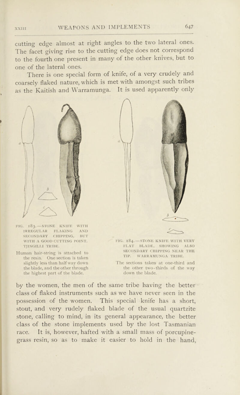cutting edge almost at right angles to the two lateral ones. The facet giving rise to the cutting edge does not correspond to the fourth one present in many of the other knives, but to one of the lateral ones. There is one special form of knife, of a very crudely and coarsely flaked nature, which is met with amongst such tribes as the Kaitish and Warramunga. It is used apparently only FIG. T83.—STONE KNIFE WITH IRREGULAR FLAKING AND SECONDARY CHIRPING, HUT WITH A GOOD CUTTING POINT. TJINGILLI TRIBE. Human hair-string is attached to the resin. One section is taken slightly less than half way down the blade, and the other through the highest part of the blade. FIG. 184.—STONE KNIFE WITH VERY FLAT BLADE, SHOWING ALSO SECONDARY CHIPPING NEAR THE TIP. WARRAMUNGA TRIBE. The sections taken at one-third and the other two-thirds of the way down the blade. by the women, the men of the same tribe having the better class of flaked instruments such as we have never seen in the possession of the women. This special knife has a short, stout, and very rudely flaked blade of the usual quartzite stone, calling to mind, in its general appearance, the better class of the stone implements used by the lost Tasmanian race. It is, however, hafted with a small mass of porcupine- grass resin, so as to make it easier to hold in the hand,
