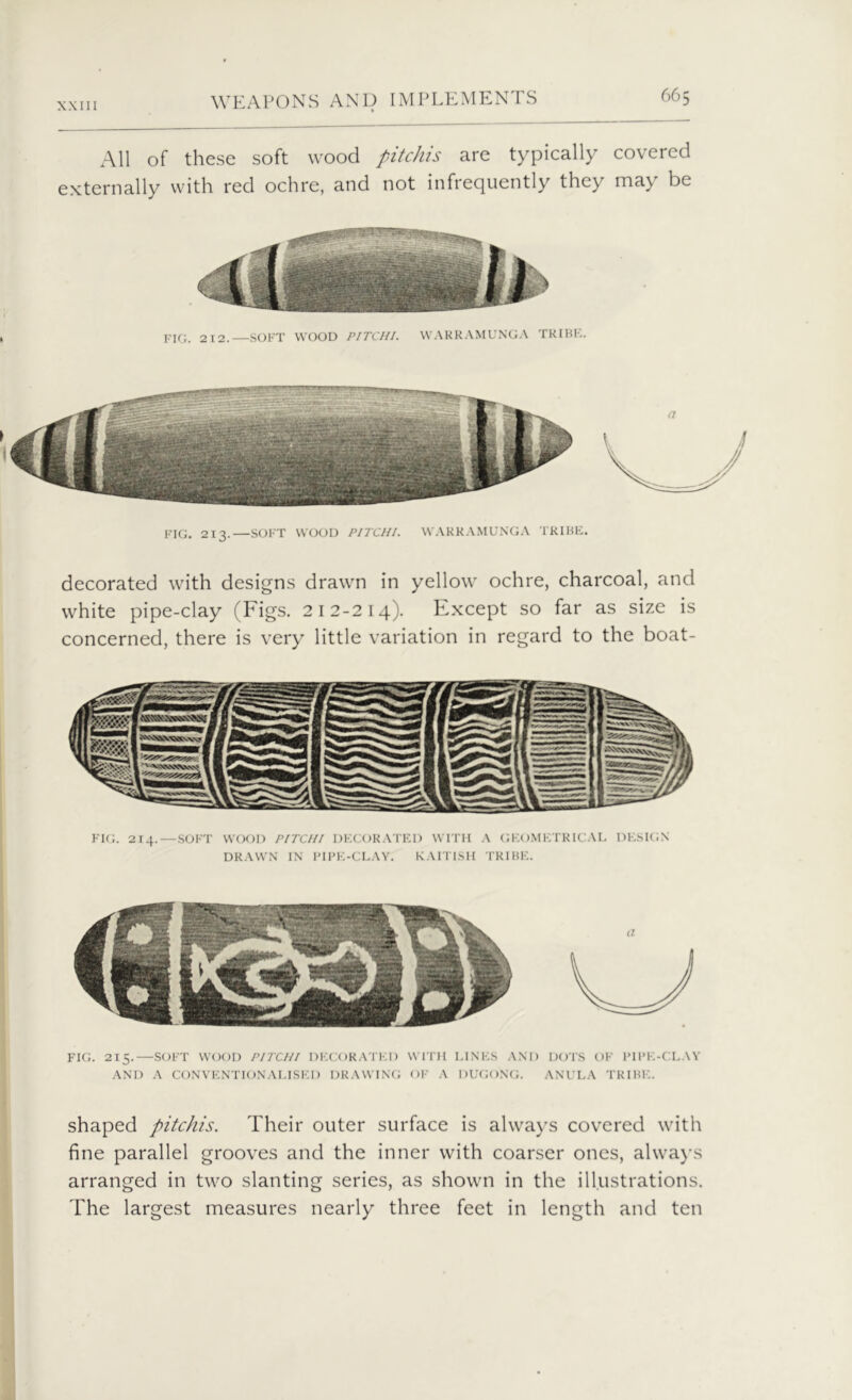 All of these soft wood pitchis are typically covered externally with red ochre, and not infrequently they may be FIG. 212.—SOFT WOOD PITCHI. WARRAMUNGA TRIBE. FIG. 213.—SOFT WOOD PITCH/. WARRAMUNGA TRIBE. decorated with designs drawn in yellow ochre, charcoal, and white pipe-clay (Figs. 212-214). Except so far as size is concerned, there is very little variation in regard to the boat- FIG. 214.—SOFT WOOD PITCHI DECORATED WITH A GEOMETRICAL DESIGN DRAWN IN PIPE-CLAY. KAIT1SII TRIBE. FIG. 215.—SOFT WOOD PITCHI DECORATED WITH LINES AND DOTS OF PIPE-CLAY AND A CONVENTIONALISED DRAWING OF A DUGONG. ANULA TRIBE. shaped pitchis. Their outer surface is always covered with fine parallel grooves and the inner with coarser ones, always arranged in two slanting series, as shown in the illustrations. The largest measures nearly three feet in length and ten