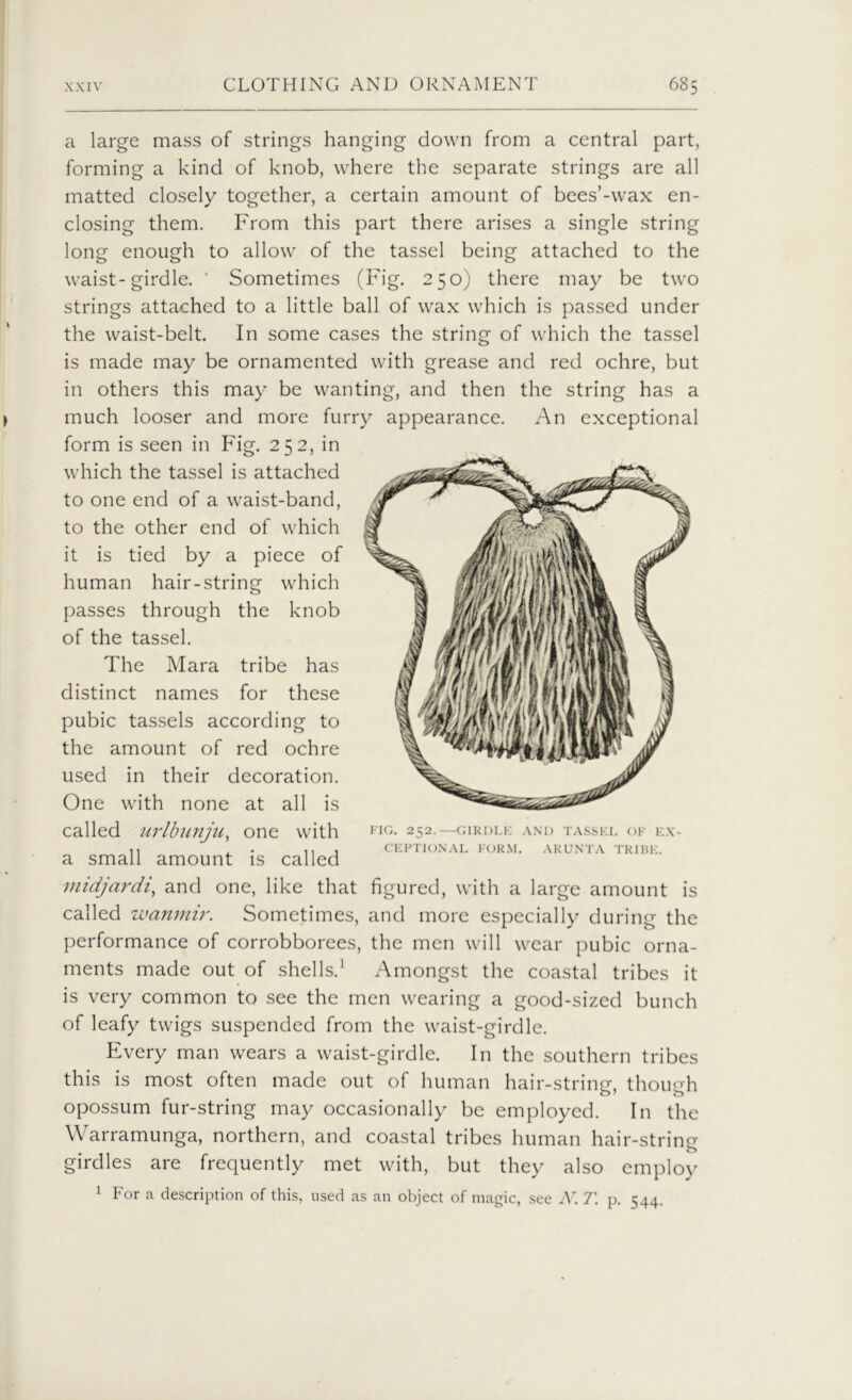 a large mass of strings hanging down from a central part, forming a kind of knob, where the separate strings are all matted closely together, a certain amount of bees’-wax en- closing them. From this part there arises a single string long enough to allow of the tassel being attached to the waist-girdle. ' Sometimes (Fig. 250) there may be two strings attached to a little ball of wax which is passed under the waist-belt. In some cases the string of which the tassel is made may be ornamented with grease and red ochre, but in others this may be wanting, and then the string has a much looser and more furry appearance. An exceptional form is seen in Fig. 252, in which the tassel is attached to one end of a waist-band, to the other end of which it is tied by a piece of human hair-string which passes through the knob of the tassel. The Mara tribe has distinct names for these pubic tassels according to the amount of red ochre used in their decoration. One with none at all is called urlbunju, one with a small amount is called midjardi, and one, like that figured, with a large amount is called wanmir. Sometimes, and more especially during the performance of corrobborees, the men will wear pubic orna- ments made out of shells.1 Amongst the coastal tribes it is very common to see the men wearing a good-sized bunch of leafy twigs suspended from the waist-girdle. Every man wears a waist-girdle. In the southern tribes this is most often made out of human hair-string, though opossum fur-string may occasionally be employed. In the Warramunga, northern, and coastal tribes human hair-string girdles are frequently met with, but they also employ 1 For a description of this, used as an object of magic, see N. T. p. 544. FIG. 252.—GIRDLE AND TASSEL OF EX- CEPTIONAL FORM. ARUNTA TRIBE.