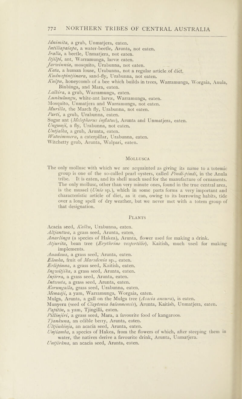 Idnimita, a grub, Unmatjera, eaten. Intiliapaiapa, a water-beetle, Arunta, not eaten. Iralla, a beetle, Unmatjera, not eaten. Itjilpi, ant, W arramunga, larvae eaten. Jarwinnia, mosquito, Urabunna, not eaten. Kata, a human louse, Urabunna, not a regular article of diet. Kudnapintjinara, sand-fly, Urabunna, not eaten. Ktdpu, honeycomb of a bee which builds in trees, Warramunga, Worgaia, Anula, Binbinga, and Mara, eaten. Lalkira, a grub, Warramunga, eaten. Lunkulungu, white-ant larvae, Warramunga, eaten. Mosquito, Unmatjera and Warramunga, not eaten. Murilla, the March fly, Urabunna, not eaten. Parti, a grub, Urabunna, eaten. Sugar ant (Melophoms infiatus), Arunta and Unmatjera, eaten. Unganji, a fly, Urabunna, not eaten. Untjalka, a grub, Arunta, eaten. Watvimmera, a caterpillar, Urabunna, eaten. Witchettv grub, Arunta, Walpari, eaten. Mollusca The only mollusc with which we are acquainted as giving its name to a totemic group is one of the so-called pearl oysters, called Pindi-pindi, in the Anula tribe. It is eaten, and its shell much used for the manufacture of ornaments. The only mollusc, other than very minute ones, found in the true central area, is the mussel (Unio sp.), which in some parts forms a very important and characteristic article of diet, as it can, owing to its burrowing habits, tide over a long spell of dry weather, but we never met with a totem group of that designation. Plants Acacia seed, Kalku, Urabunna, eaten. Altjantwa, a grass seed, Arunta, eaten. Anarlinga (a species of Hakea), Arunta, flower used for making a drink. Atjurita, bean tree (Erythrino vespertilio), Kaitish, much used for making implements. Auadaua, a grass seed, Arunta, eaten. Elonka, fruit of Marsdenia sp., eaten. Erlipinna, a grass seed, Kaitish, eaten. Ingwitjika, a grass seed, Arunta, eaten. Injirra, a grass seed, Arunta, eaten. Intwuta, a grass seed, Arunta, eaten. Korungaila, grass seed, Urabunna, eaten. Menadji, a yam, Warramunga, Worgaia, eaten. Mulga, Arunta, a gall on the Mulga tree (Acacia aneura), is eaten. Munyeru (seed of Claytonia balonnensis), Arunta, Kaitish, Unmatjera, eaten. l^apitin, a yam, Tjingilli, eaten. Pillinjiri, a grass seed, Mara, a favourite food of kangaroos. Tjankuna, an edible berry, Arunta, eaten. Ultjinkinja, an acacia seed, Arunta, eaten. Unjiamba, a species of Hakea, from the flowers of which, after steeping them in water, the natives derive a favourite drink, Arunta, Unmatjera. Untjirkna, an acacia seed, Arunta, eaten.