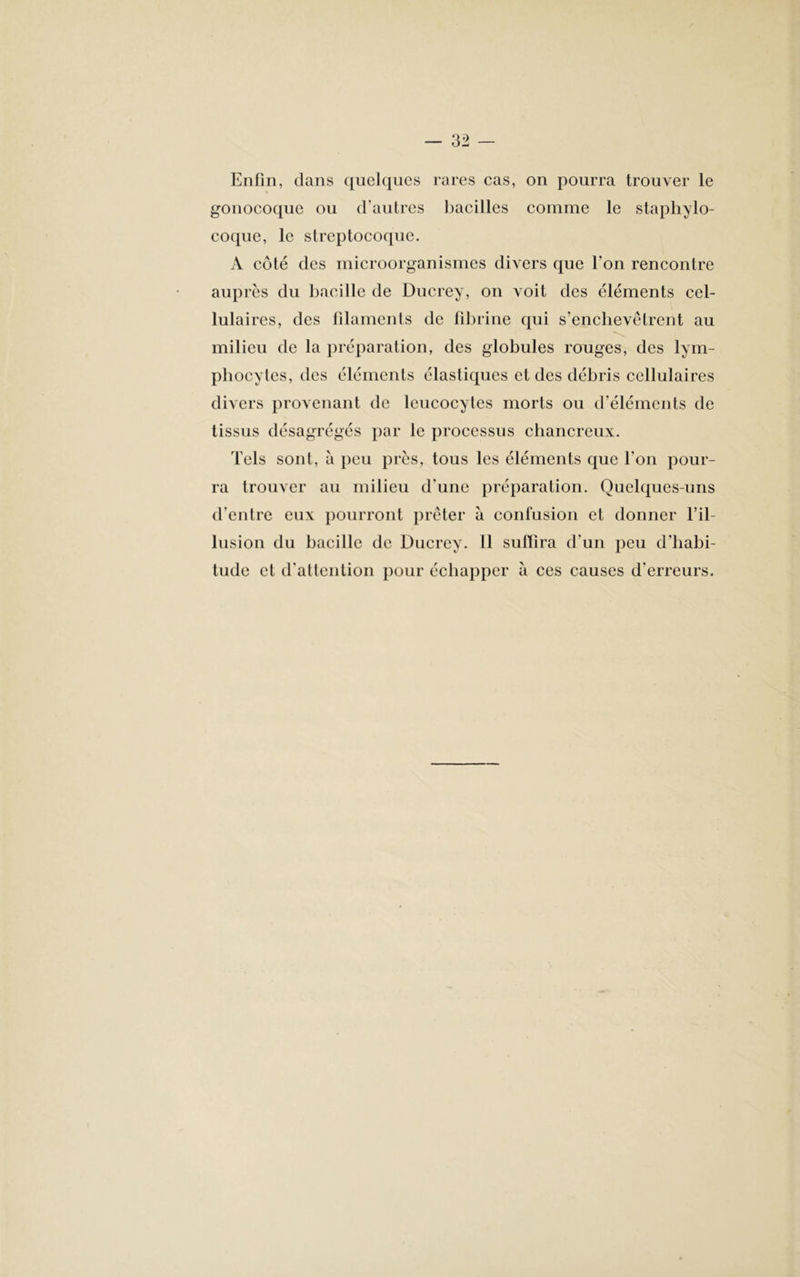 Enfin, dans quelques rares cas, on pourra trouver le i gonocoque ou d’autres bacilles comme le staphylo- coque, le streptocoque. A côté des microorganismes divers que l’on rencontre auprès du bacille de Ducrey, on voit des éléments cel- lulaires, des filaments de fibrine qui s’enchevêtrent au milieu de la préparation, des globules rouges, des lym- phocytes, des éléments élastiques et des débris cellulaires divers provenant de leucocytes morts ou d’éléments de tissus désagrégés par le processus chancreux. Tels sont, à peu près, tous les éléments que l'on pour- ra trouver au milieu d une préparation. Quelques-uns d’entre eux pourront prêter à confusion et donner l’il- lusion du bacille de Ducrey. Il suffira d’un peu d’habi- tude et d'attention pour échapper à ces causes d’erreurs.