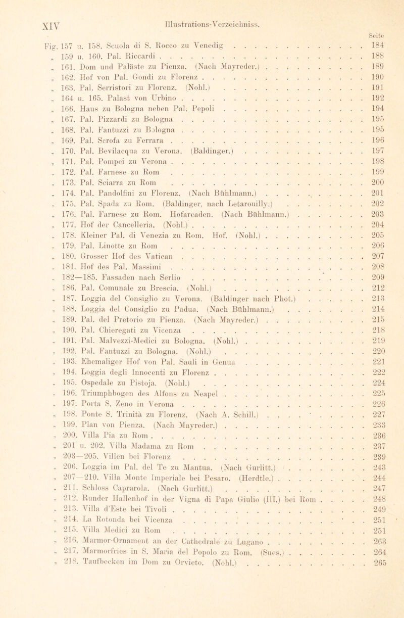 Seite Fig. 157 u. 158. Scuola di S. Rocco zu Venedig 184 „ 159 11. 160. Pal. Riccardi 188 161. Dom und Paläste zu Pienza. (Nach Mayreder.) 189 ^ 162. Hof von Pal. Gondi zu Florenz 190 „ 163. Pal. Serristori zu Florenz. (Nohl.) 191 „ 164 u. 165. Palast von Urhino 192 „ 166. Haus zu Bologna neben Pal. Pepoli 194 „ 167. Pal. Pizzardi zu Bologna 195 „ 168. Pal. Fantuzzi zu Bologna 195 169. Pal. Scrofa zu Ferrara 196 .. 170. Pal. Bevilacqua zu Verona. (Baidinger.) 197 „ 171. Pal. Ponipei zu Verona 198 .. 172. Pal. Farnese zu Rom 199 „ 173. Pal. Sciarra zu Rom 200 „ 174. Pal. Pandoltini zu Florenz. (Nach Bühlmann.) ^ 201 175. Pal. Spada zu Rom. (Baldinger, nach Letarouilly.) 202 ^ 176. Pal. Farnese zu Rom. Hofarcaden. (Nach Bühlmann.) 203 „ 177. Hof der Cancelleria. (Nohl.) 204 178. Kleiner Pal. di Venezia zu Rom. Hof. (Nohl.) 205 .. 179. Pal. Linotte zu Rom 206 .. 180. Grosser Hof des Vatican 207 .. 181. Hof des Pal. Massimi 208 ^ 182—185. Fassaden nach Serlio 209 ., 186. Pal. Comunale zu Brescia. (Nohl.) 212 „ 187. Loggia del Consiglio zu Verona. (Baldinger nach Phot.) 213 „ 188. Loggia del Consiglio zu Padua. (Nach Bühlmann.) 214 „ 189. Pal. del Pretorio zu Pienza. (Nach Mayreder.) 215 ,, 190. Pal. Chieregati zu Vicenza 218 ,. 191. Pal. Malvezzi-Medici zu Bologna. (Nohl.) 219 „ 192. Pal. Fantuzzi zu Bologna. (Nohl.) 220 „ 193. Ehemaliger Hof von Pal. Sauli in Genua 221 194. Loggia degli Innocenti zu Florenz 222 „ 195. Ospedale zu Pistoja. (Nohl.) 224 196. Triumphbogen des Alfons zu Neapel 225 197. Porta S. Zeno in Verona 226 „ 198. Ponte S. Trinitä zu Florenz. (Nach A. Schill.) . . . . ' 227 ^ 199. Plan von Pienza. (Nach Mayreder.) 233 200. Villa Pia zu Rom 236 „ 201 u. 202. Villa Aladama zu Rom 237 „ 203—205. Villen bei Florenz 239 „ 206. Loggia im Pal. del Te zu Mantua. (Nach Gurlitt.) 243 ,, 207—210. Villa Monte Imperiale bei Pesaro. (Herdtle.) 244 „ 211. Schloss Caprarola. (Nach Gurlitt.) 247 ,, 212. Runder Hallenhof in der Vigna di Papa Giulio (111.) bei Rom 248 „ 213. Villa d’Este bei Tivoli 249 „ 214. La Rotonda bei Vicenza ■ . . 251 .. 215. Villa Medici zu Rom . 251 „ 216. Marmor-Ornament an der Gathedrale zu Lugano 263 21/. Marmorfries in S. Maria del Popolo zu Rom. (Sues.) 264 218. Taufbecken im Dom zu Orvieto. (Nohl.) 265