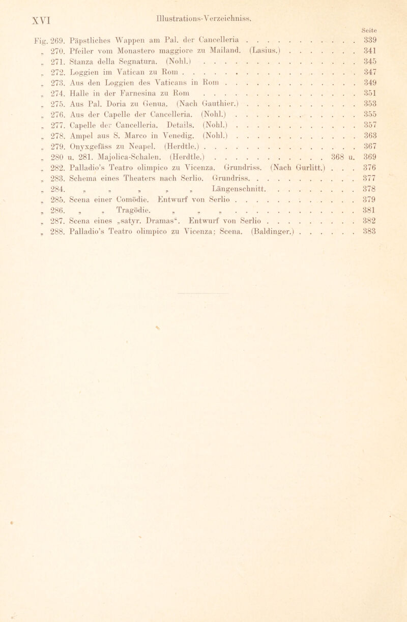 XYl Seite Fig. 269. Päpstliches Wappen am Pal. der Caiicelleria 339 „ 270. Pfeiler vom Monastero maggiore zu Mailand. (Lasius.) 341 ,, 271. Stanza della Segnatiira. (Nohl.) 345 272. Loggien im Vatican zu Rom 347 273. Aus den Loggien des Vaticans in Rom 349 „ 274. Halle in der Farnesina zu Rom 351 „ 275. Aus Pal. Doria zu Genua. (Nach Gauthier.) 353 „ 276. Aus der Capelle der Cancelleria. (Nohl.) 355 ^ 277. Capelle der Cancelleria. Details. (Nohl.) 357 „ 278. Ampel aus S. Marco in Venedig. (Nohl.) 363 279. Onyxgefäss zu Neapel. (Herdtle.) 367 „ 280 u. 281. Majolica-Schalen. (Herdtle.) 368 u. 369 ,. 282. Palladio’s Teatro olimpico zu Vicenza. Grundriss. (Nach Gurlitt.) . . . 376 „ 283. Schema eines Theaters nach Serlio. Grundriss 377 ^ 284. „ „ „ ^ „ Längenschnitt 378 ^ 285. Seena einer Comödie. Entwurf von Serlio 379 „ 286. , „ Tragödie. „ „ „ 381 „ 287. Seena eines „satyr. Dramas“. Entwurf von Serlio 382 „ 288. Palladio’s Teatro olimpico zu Vicenza; Seena. (Baidinger.) 383
