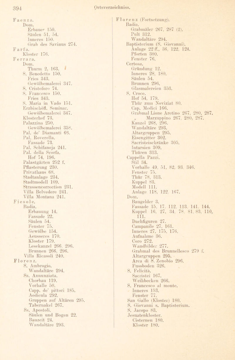 F a e n z a. Dom. Erbauei’ 150. Säulen 51. 54. [nneres 150. (Irab des Savinus 274. F a r f a. Kloster 176, Ferrara. Dom. Thurm 2, 163. ■ S. Benedetto 150. Fries 343. (leWölbemalerei 347. S. Cristoforo 74. S, Francesco 150. Fries 343. S. Maria in Vado 151. Erzbiscböfl. Seminar. Grewölbemalerei 347. Klosterhof 73. Palazzina 250, (lewölbemalerei 358. Pal. de’ Diamant! 66. Pal. Roverelia. Fassade 73. Pal. Scbifanoja 241. Pal. della Scorfa. Hof 74, 196. Palastgärten 252 f. Pflasterung 230. Privathaus 68. Stadtanlage 234. Stadtmodell 109. Strassencorrection 231. Villa Belvedere 241. Villa Montana 241. F i e s o 1 e. Badia. Erbauung 14. Fassade 22. Säulen 54. Fenster 75. Gewölbe 154. Aeusseres 170. Kloster 179. Lesekanzel 266, 296. Brunnen 266, 296, Villa Ricasoli 240. Florenz, S. Ambrogio. M^andaltäre 294. Ss. Annunziata. Cborbau 119. Vorhalle 50, Capp. de’ pittori 185. Aedicula 292. Gruppen auf Altären 295. Tabernakel 267. Ss. Apostoli. Säulen und Bogen 22. Bauzeit 24. Wandaltäre 293. Florenz (Fortsetzung). Badia. Grabmäler 267, 287 (2). Pult 312. Wandaltäre 294. Baptisterium (S, Giovanni). Anlage 22 ffi, 36, 122, 124. Pforten 300. Fenster 76. Certosa. Gründung 12. Inneres 28, 180. Säulen 54. Brunnen 296. Glasmalereien 353. S. Croce. Hof 54, 179. Thür zum Noviziat 80, Cap. Medici 166. Grabmal Lione Aretino 267, 280, 287. „ Marziippino 267, 280, 287. Kanzel 268, 296. Wandaltäre 293, Altargruppen 295. Eisengitter 302. Sacristeischränke 305. Intarsien 309. Thüren 313. Cappella Pazzi. Stil 34. Vorhalle 49, 51, 82, 93, 346. Fenster 75. Thür 78. 313. Klippel 83. Modell 111. Anlage 118, 122, 167. Dom. Bangelder 3. Fassade 15. 17, 112, 113, 141. 144. Kuppel 16, 27, 34, 78, 81, 83, 110, 111. Dachfiguren 27. Campanile 27. 161. Inneres 27, 175, 176. Aufnahme 36. Coro 272. Wandbilder 277. Grabmal des Brunnellesco 279 f. Altargruppen 295. Area di S. Zenobio 296, Fussboden 326. , S. Felicitä. Sacristei 167. Weihbecken 266. S. Francesco al monte. Inneres 153. Fenster 77. San Gallo (Kloster) 180. S. Giovanni s. Baptisterium. S. Jacopo 83. Jesuatenkl oster. Cisterneu 180. Kloster 180.