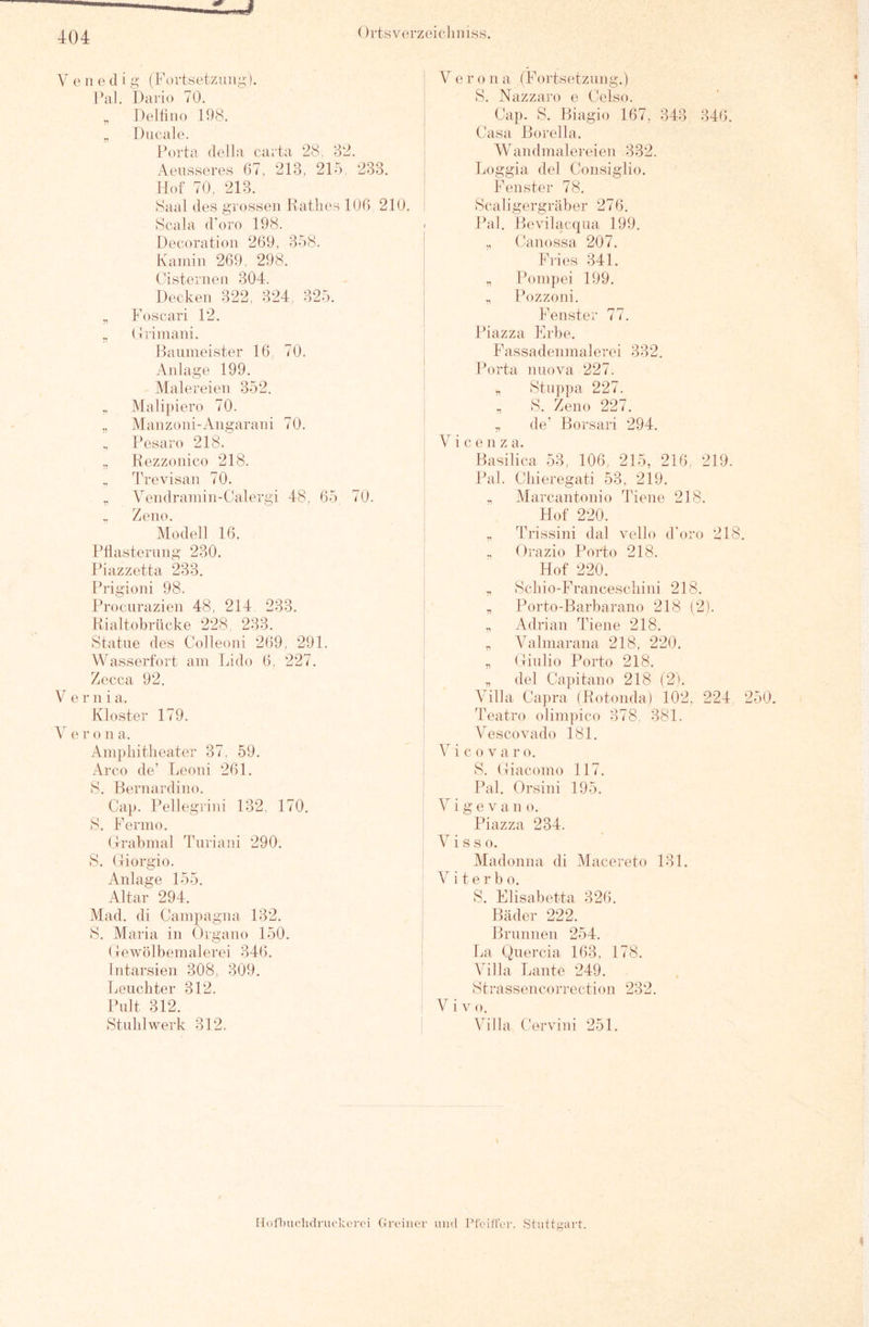 V e n e d i g’ (Fortsetzung), IFil. Dario 70. „ Deitino 198. „ Ducale. l’orta della carta 28, 82. Aeussores 67, 213, 217), 233. Hof 70, 213. Saal des grossen liatlies 106 210. Scala d'oro 198. Decoratioii 269, 358. Kaniin 269, 298. Cisternen 304. Decken 322, 324, 325. „ Foscari 12. „ (Iriinani. Baumeister 16, 70. Anlage 199. Malereien 352. „ Alalipiero 70. „ Manzoni-Angarani 70. Pesaro 218. „ Rezzonico 218. Trevisan 70. „ A^endramin-Calergi 48, 65 70. ., Zeno. Modell 16. Ptlasterung 230. Piazzetta 233. Frigioni 98. Procurazien 48, 214 233. Hialtobrücke 228, 233. Statue des Colleoni 269, 291. Wasserfort am Lido 6, 227. Zecca 92. V e r n i a. Kloster 179. A e r o n a. Amphitheater 37. 59. Arco de’ Leoni 261. S. Bernardino. Cap. Pellegrini 132. 170. S. Fermo. (.Trabmal Turiani 290. S. (iiorgio. Anlage 155. Altar 294. Mad. di Campagna 132. S. Maria in Organo 150, (Tewölbemalerei 346. Intarsien 308, 309. Leuchter 312. Pult 312. Stuhlwerk 312. V e r o n a (Fortsetzung.) S. Nazzaro e Celso. Cap, S. Biagio 167, 343 346. Casa Borella, AVandmalereien 382. Loggia del Consiglio. Fenster 78. Scaligergräber 276. Pal. Bevilacqua 199. „ (Janossa 207. Fries 341. y, Pompei 199. „ Pozzoni. Fenster 77. Piazza Fn-be. Fassadenmalerei 332. Porta nuova 227. „ Stuppa 227. „ S. Zeno 227. „ de’ Borsari 294. V i c e n z a. Basilica 53, 106, 215, 216, 219. Pal. Chieregati 53, 219. „ Marcantonio Tiene 218. Hof 220. „ Trissini dal vello d'oro 218. „ Orazio Porto 218. Hof 220. „ Schio-Franceschini 218. „ Porto-Barbarano 218 (2). „ Adrian Tiene 218. „ A^almarana 218, 220. „ (tiulio Porto 218. „ del Capitano 218 (2). Villa Capra (Rotonda) 102, 224 250. Teatro olimpico 378, 381. Vescovado 181. i c o V a r o. S. (diacomo 117. Pal. Orsini 195, V i g e V a 11 o. Piazza 234. A’' i s s o. Madonna di Alacereto 131. V i t e r b o. S. Elisabetta 326. Bäder 222. Brunnen 254. La Quercia 163, 178. Villa, Laute 249. S t r a s s e 11 c o r r e c t i o11 232. Vivo. Villa Cervini 251. [Idfbuclidi’iu’kerci Groiiici- und PtVill'er. .StnttgiUt.