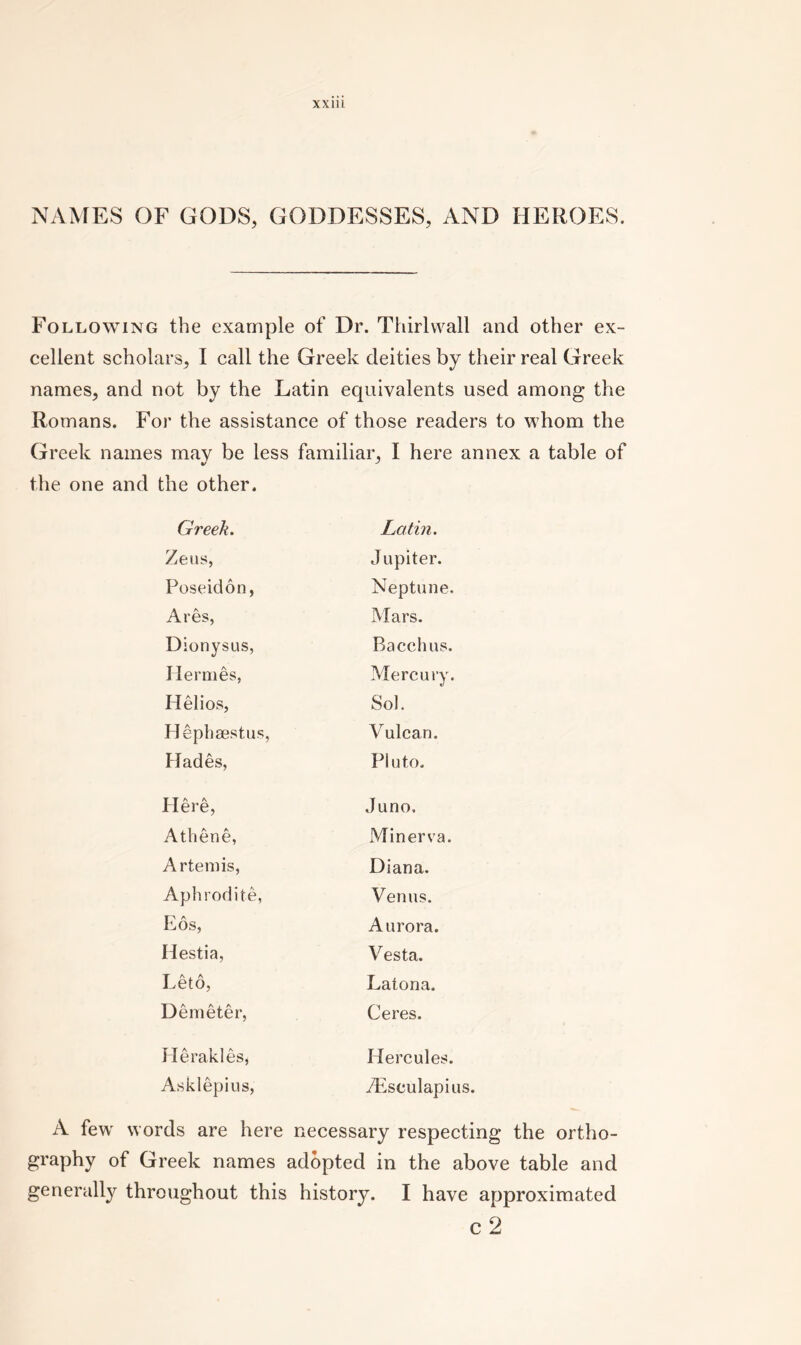 NAMES OF GODS, GODDESSES, AND HEROES. Following the example of Dr. Thirlwall and other ex- cellent scholars, I call the Greek deities by their real Greek names, and not by the Latin equivalents used among the Romans. For the assistance of those readers to whom the Greek names may be less familiar, I here annex a table of the one and the other. Greek. Latm. Zeus, Jupiter. Poseidon, Neptune. Ares, Mars. Dionysus, Baceh us. Hermes, Mercury. Helios, Sol. Hephaestus, Vulcan. Hades, Pluto. Here, Juno, Athene, Minerva. Artemis, Diana. Aphrodite, Venus. T'' A hos. Aurora. Hestia, Vesta. Let 6, Latona. Demeter, Ceres. Herakles, Hercules. Asklepius, Aisculapius. A few words are here necessary respecting the ortho- graphy of Greek names adopted in the above table and generally throughout this history. I have approximated c2