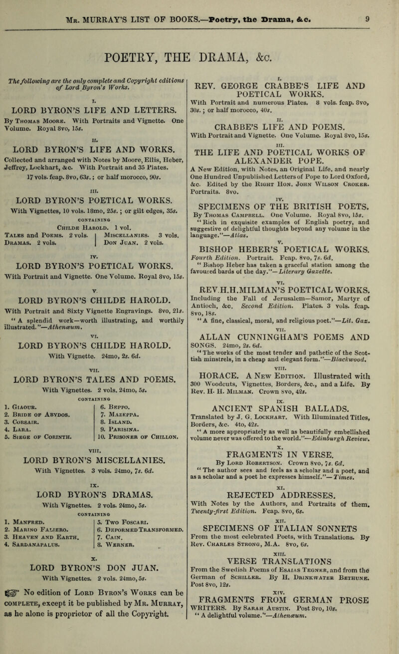 Mk. MURRAY’S LIST OP BOOKS.—Poetry, the Drama, <lc. POETRY, THE DRAMA, &c. The following are the only complete and Copyright editions of Lord Byron's Works. LORD BYRON’S LIFE AND LETTERS. By Thomas Moore. With Portraits and Vignette. One Volume. Royal 8vo, 155. ir. LORD BYRON’S LIFE AND WORKS. Collected and arranged with Notes by Moore, Ellis, Heber, JeflFrey, Lockhart, die. With Portrait and 35 Plates. 17 vols. fcap. 8vo, 63s.; or half morocco, 90s. nr. LORD BYRON’S POETICAL WORKS. With Vignettes, 10 vols. 18mo, 25s.; or gilt edges, 35s. CONTAINING Childe Harold. 1 vol. Tales and Poems. 2 vols. | Miscellanies. 3 vols. Dramas. 2 vols. J Don Juan. 2 vols. IV. LORD BYRON’S POETICAL WORKS. With Portrait and Vignette. One Volume. Royal 8vo, 15s. V. LORD BYRON’S CHILDE HAROLD. With Portrait and Sixty Vignette Engravings. 8vo, 21s. “ A splendid work—worth illustrating, and worthily illustrated. ”—Athenaeum. VI. LORD BYRON’S CHILDE HAROLD. With Vignette. 24mo, 2s. 6d. VII. LORD BYRON’S TALES AND POEMS. With Vignettes. 2 vols. 24mo, .5s. 1. Giaour. 2. Bride of Abydos. 3. Corsair. 4. Lara. 5. Siege of Corinth. 6. Beppo. 7. M.azeppa. 8. Island. 9. Parisina. 10. Prisoner of Chillon, VIII. LORD BYRON’S MISCELLANIES. With Vignettes. 3 vols. 24mo, Ts. 6d. REV. GEORGE CRABBE’S LIFE AND POETICAL WORKS. With Portrait and numerous Plates. 8 vols. fcap. 8vo, 30s.; or half morocco, 40s. CRABBE’S LIFE AND POEMS. With Portrait and Vignette. One Volume. Royal 8vo, 15s. III. THE LIFE AND POETICAL WORKS OF ALEXANDER POPE. A New Edition, with Notes, an Original Life, and nearly One Hundred Unpublished Letters of Pope to Lord Oxford, &c. Edited by the Right Hon. John Wilson Croker. Portraits. 8vo. SPECIMENS OF THE BRITISH POETS. By Thomas Campbell. One Volume. Royal Svo, 15s. “Rich in exquisite examples of English poetry, and suggestive of delightful thoughts beyond any volume in the language. ”—A tlas. BISHOP HEBER’s'^’POETICAL WORKS. Fourth Edition. Porti'ait. Fcap. Svo, ‘Js. 6d. “ Bishop Heber has taken a graceful station among the favoured bards ot the da.y.’‘—Literary Gazette. REV.H.H.MILMAN^S POETICAL WORKS. Including the Fall of Jerusalem—Sanior, Martyr of Antioch, &c. Second Edition. Plates. 3 vols. fcap. Svo, 18s. “A fine, classical, moral, and religious poet.”—Lit. Gaz. VI I. ALLAN CUNNINGHAM’S POEMS AND SONGS. 24mo, 2s. 6d. “ The works of the most tender and pathetic of the Scot- tish minstrels, in a cheap and elegant form.”—Blackwood. VIII. HORACE. A New Edition. Illustrated with 300 Woodcuts, Vignettes, Borders, &c., and a Life. By Rev. H- H. Milman. Crown Svo, 42s. IX. ANCIENT SPANISH BALLADS. Translated by J. G. Lockhart. With Hluminated Titles, Borders, &c. 4to, 42s. “ A more appropriately as well as beautifully embellished volume never was offered to the world.”—Edinburgh Review. FRAGMENTS IN VERSE. By Lord Robertson. Crown Svo, Js. Gd. “ The author sees and feels as a scholar and a poet, and as a scholar and a poet he expresses himself.”— Times. IX. LORD BYRON’S DRAMAS. With Vignettes. 2 vols. 24mo, 5s. CONTAINING 1. Manfred. 2. Marino Faliero. 3. Heaven and Earth, 4. Sardanapalus. 5. Two Foscari. 6. Depormed Transformed. 7. Cain. 8. Werner. XI. REJECTED ADDRESSES. With Notes by the Authors, and Portraits of them. Twenty-first Edition. Fcap. Svo, 6s. XII. SPECIMENS OF ITALIAN SONNETS From the most celebrated Poets, with Translations. By Rev. Charles Strong, M.A. Svo, 6s. X. LORD BYRON’S DON JUAN. With Vignettes. 2 vols. 24mo,5s. No edition of Lord Byron’s Works can be COMPLETE, except it be published by Mr. Murray, as he alone is proprietor of all the Copyright. XIII. VERSE TRANSLATIONS From the Swedish Poems of Esaias Tegner, and from the German of Schiller. By H. Drinkwater Bethune. Post 8 VO, 12s. XIV. FRAGMENTS FROM GERMAN PROSE WRITERS. By Sarah Austin. Post 8vo, 10s. “ A delightful volume.”—Athenaeum.