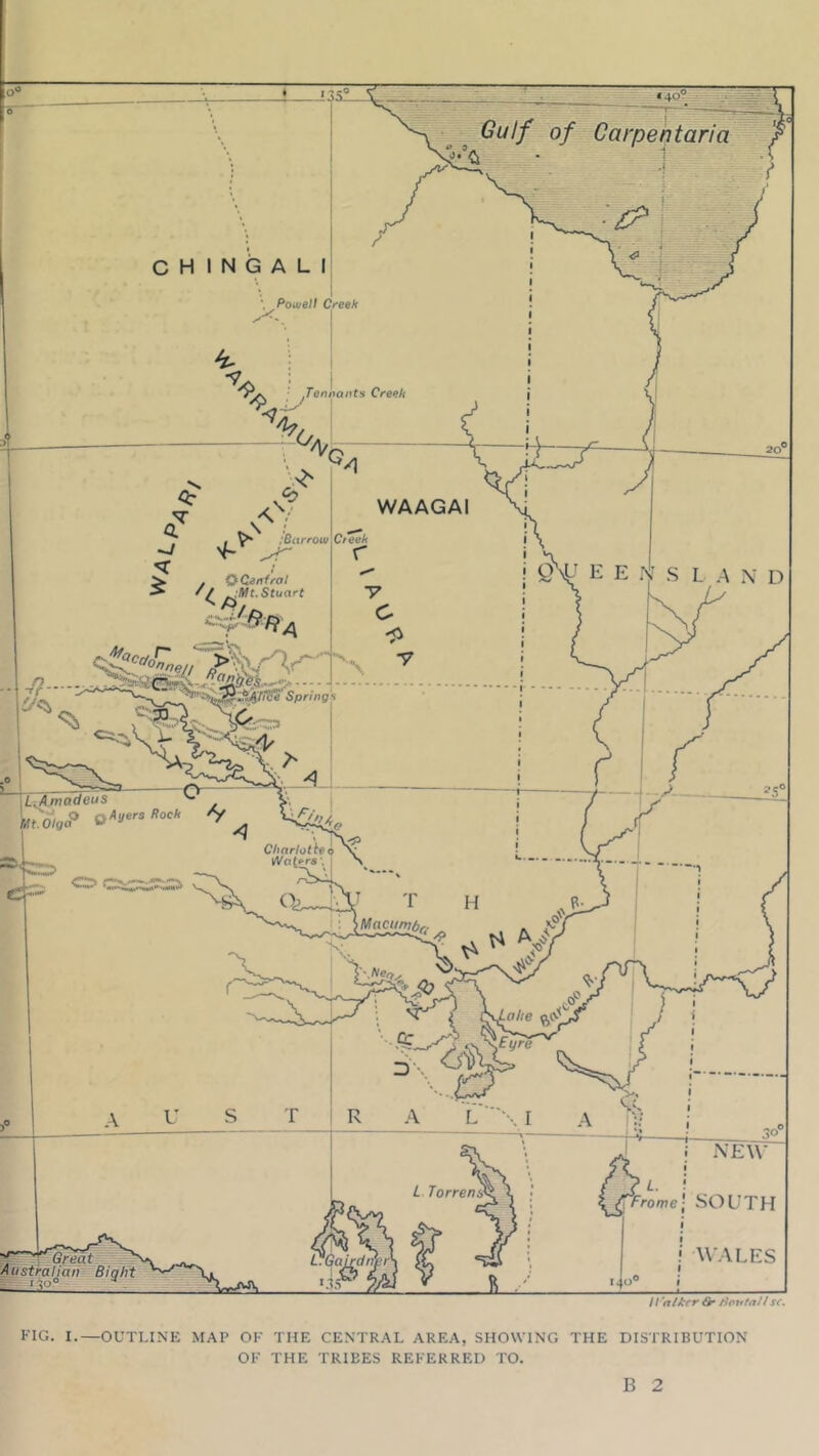 FIG. I.—OUTLINE MAP OF THE CENTRAL AREA, SHOWING THE DISTRIBUTION OF THE TRIBES REFERRED TO. B 2